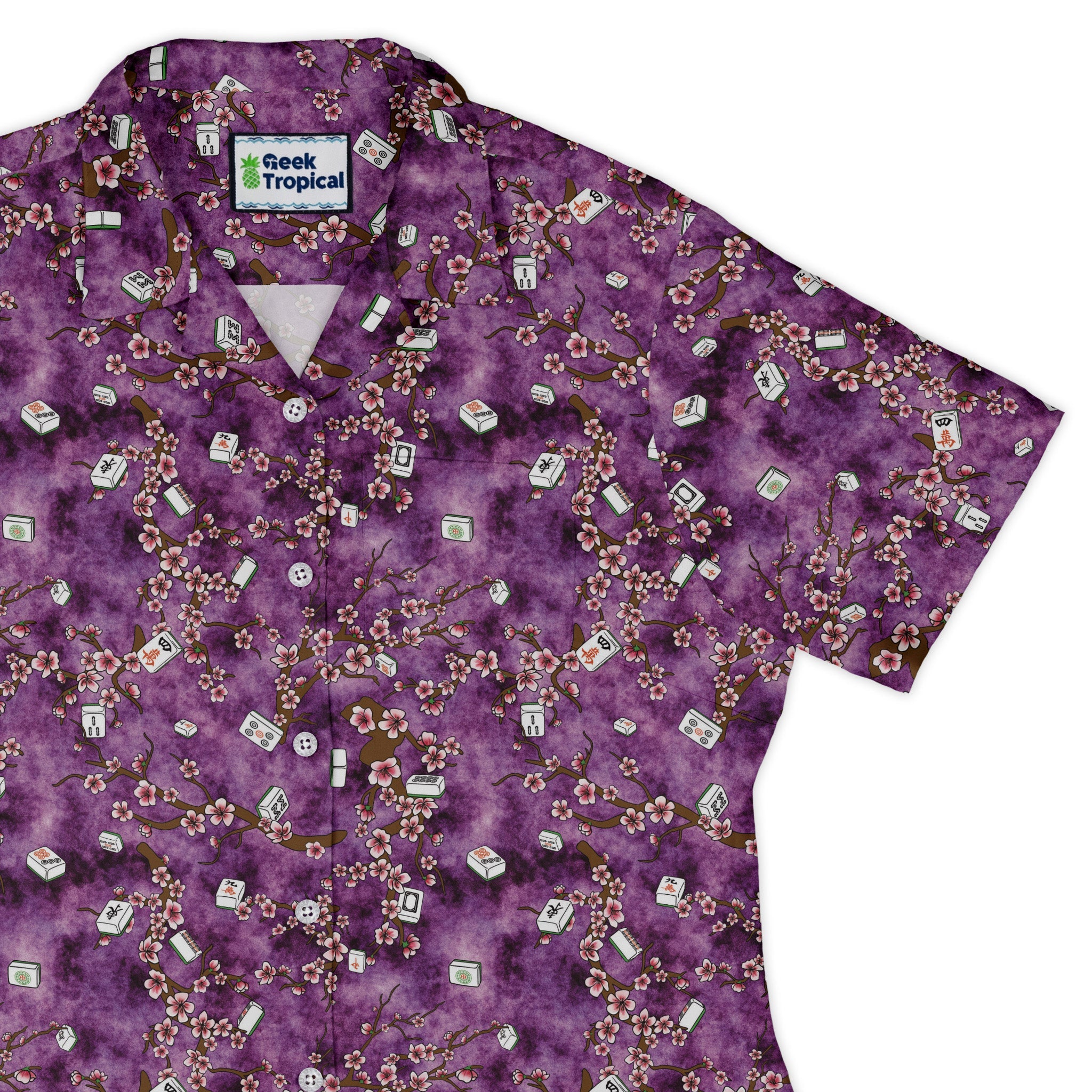 Mahjong Tiles Purple Anime Curvy Button Up Shirt Geek Nerd Anime board game print Designs by Nathan