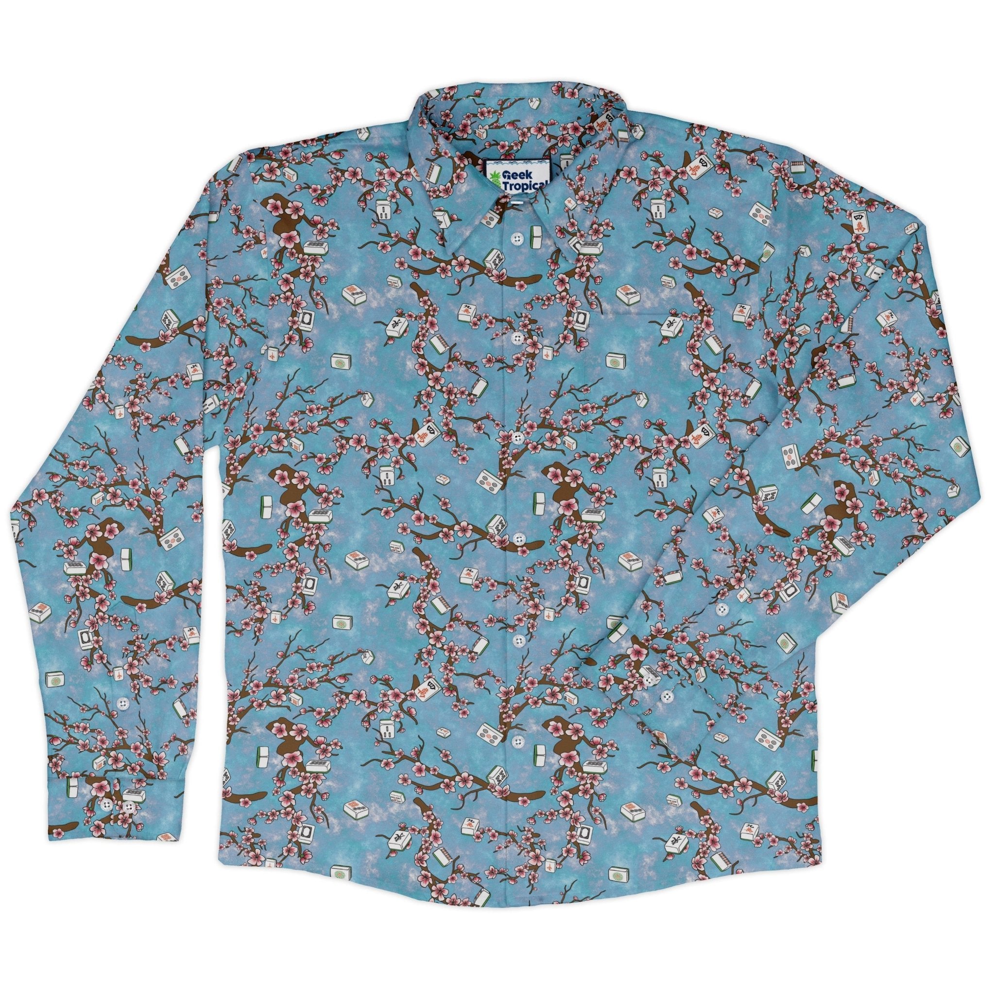 Mahjong Tiles Sunrise Anime Long Sleeve Button Up Shirt Geek Nerd adult sizing Anime board game print