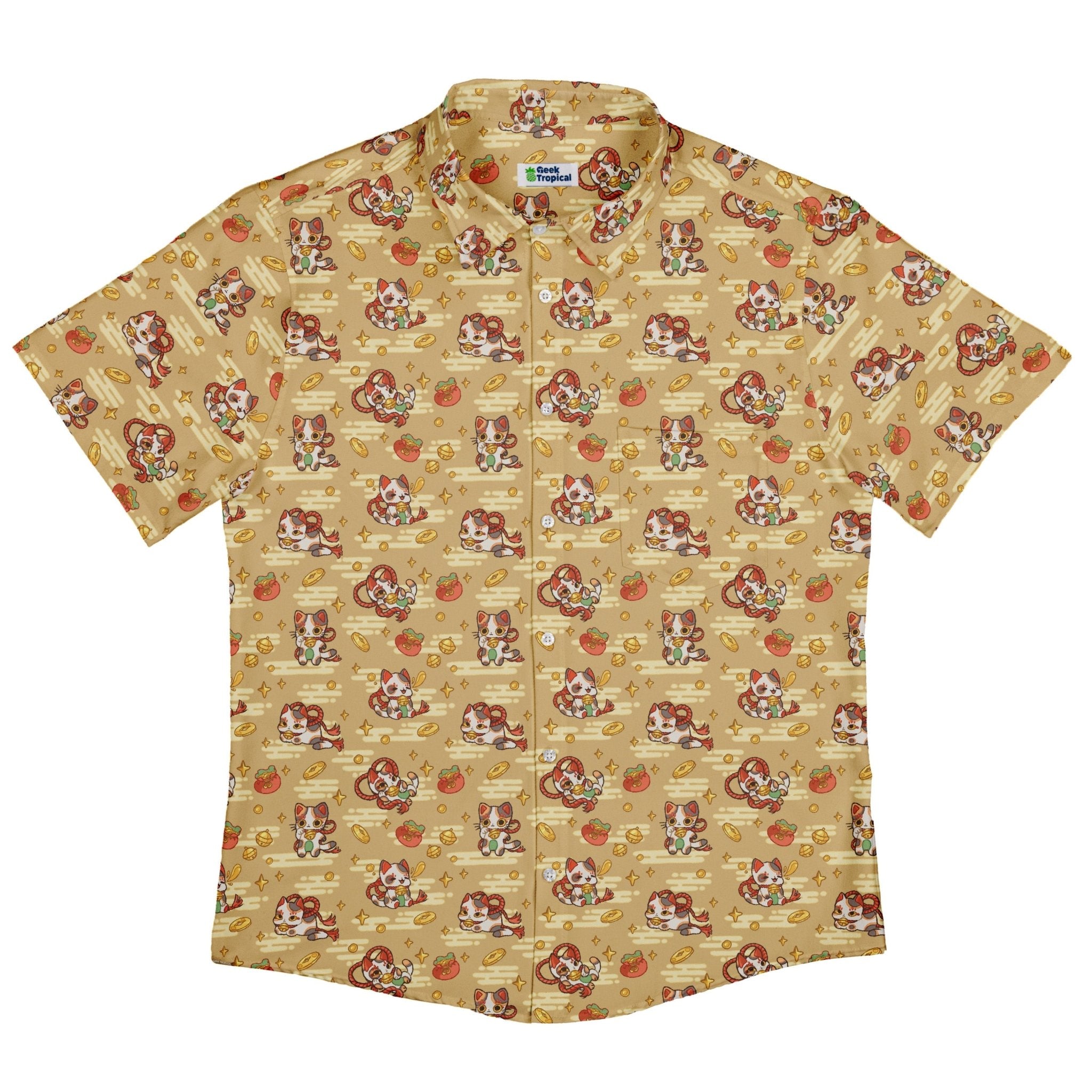 Maneki Cat Gold Button Up Shirt Geek Nerd adult sizing animal patterns anime