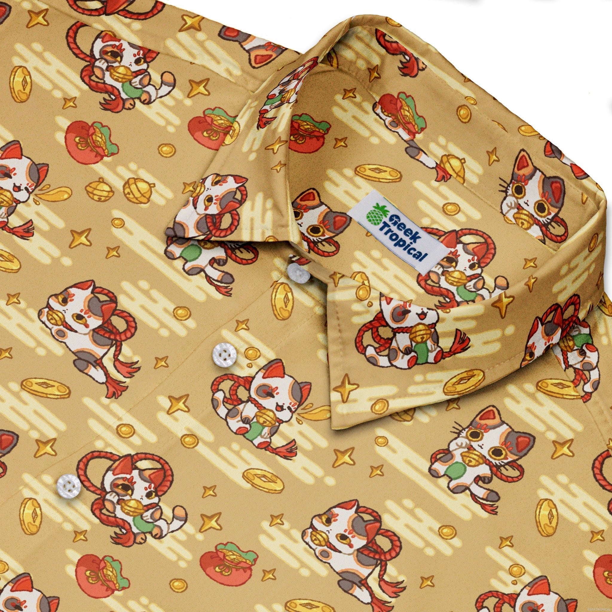 Maneki Cat Gold Button Up Shirt Geek Nerd adult sizing animal patterns anime
