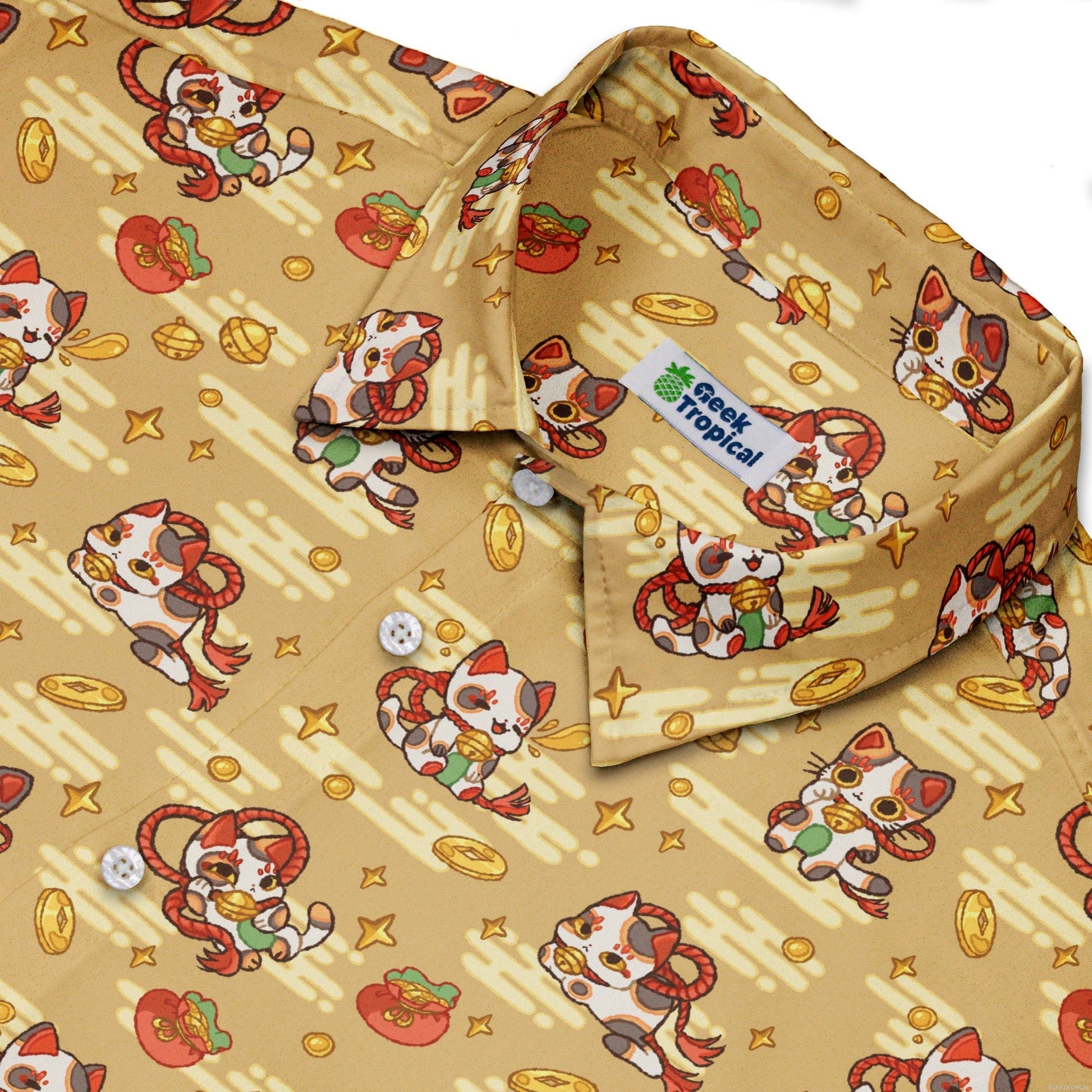 Maneki Cat Gold Button Up Shirt Geek Nerd adult sizing animal patterns anime