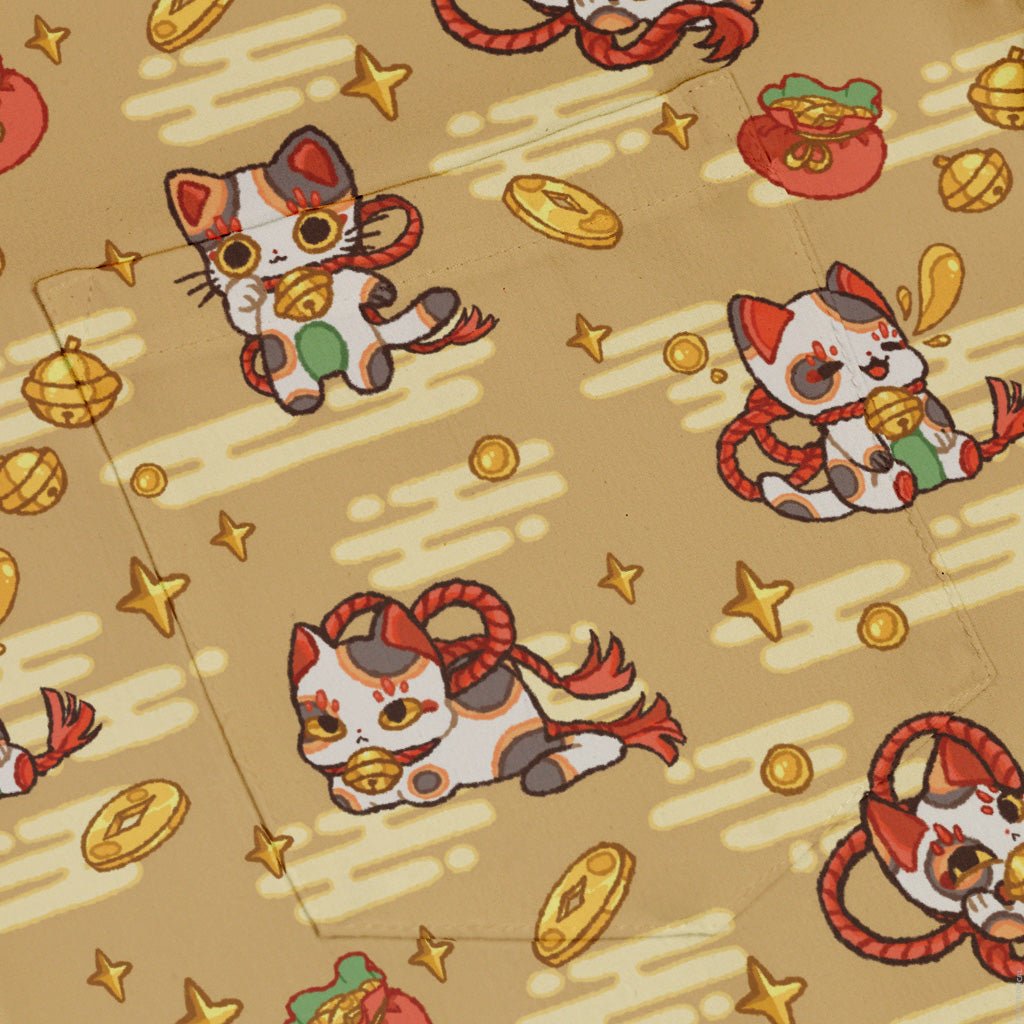 Maneki Cat Gold Button Up Shirt Geek Nerd adult sizing animal patterns anime