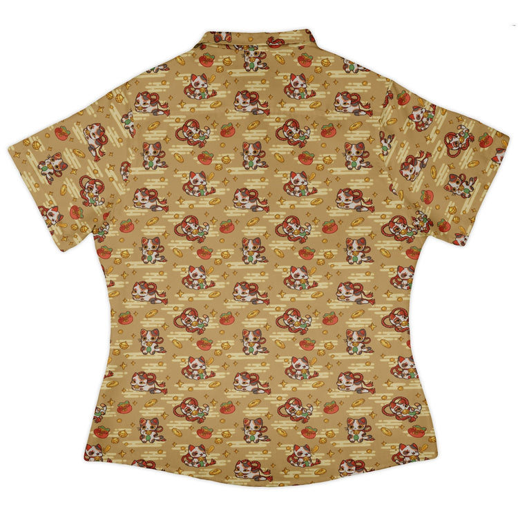 Maneki Cat Gold Curvy Button Up Shirt Geek Nerd animal patterns anime Design by Ardi Tong