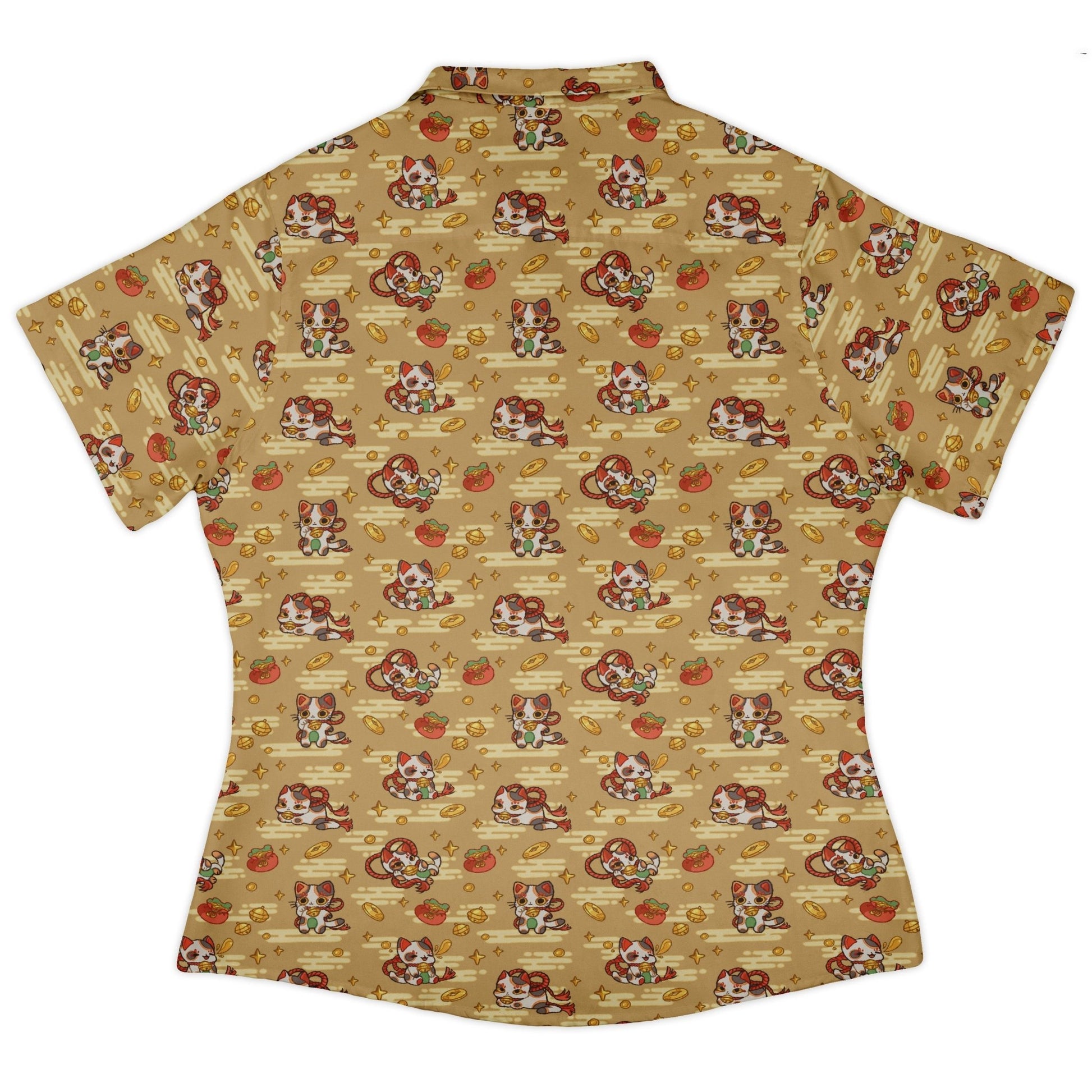 Maneki Cat Gold Curvy Button Up Shirt Geek Nerd animal patterns anime Design by Ardi Tong