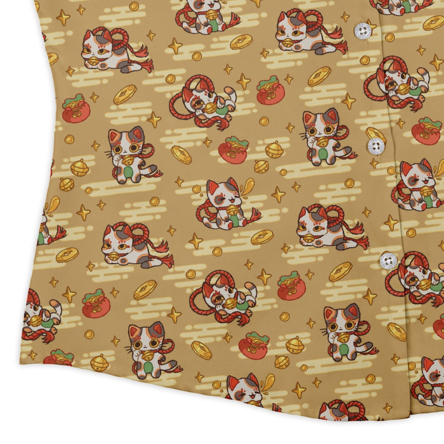 Maneki Cat Gold Curvy Button Up Shirt Geek Nerd animal patterns anime Design by Ardi Tong