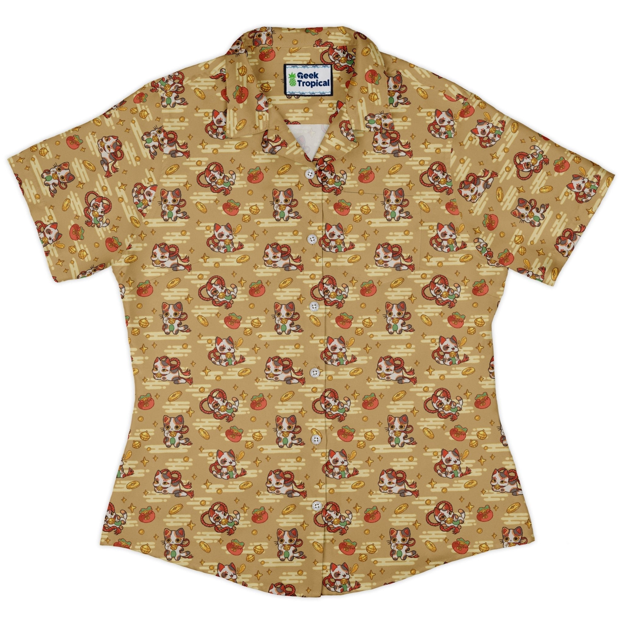 Maneki Cat Gold Curvy Button Up Shirt Geek Nerd animal patterns anime Design by Ardi Tong