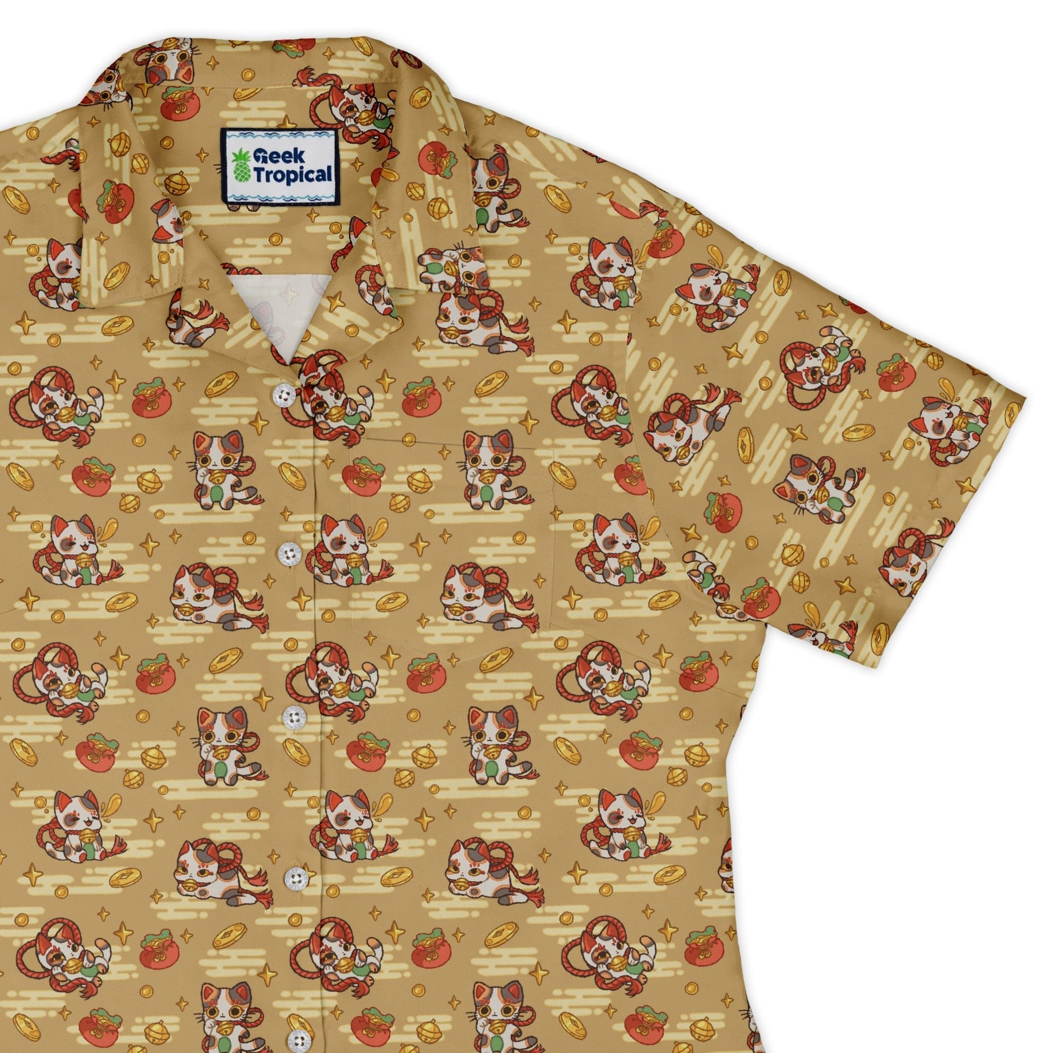 Maneki Cat Gold Curvy Button Up Shirt Geek Nerd animal patterns anime Design by Ardi Tong