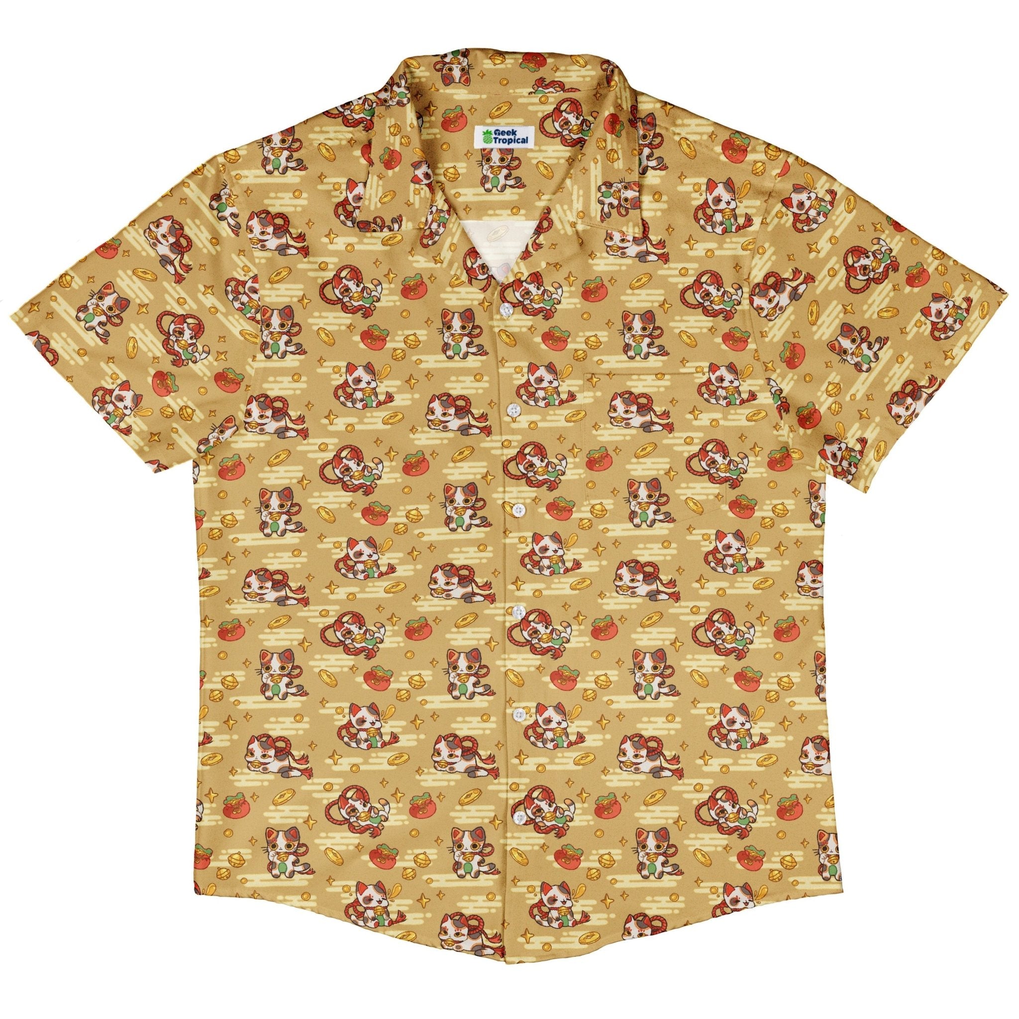 Maneki Cat Gold Button Up Shirt Geek Nerd adult sizing animal patterns anime