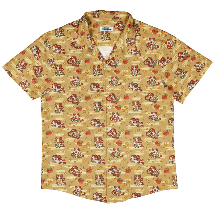 Maneki Cat Gold Button Up Shirt Geek Nerd adult sizing animal patterns anime