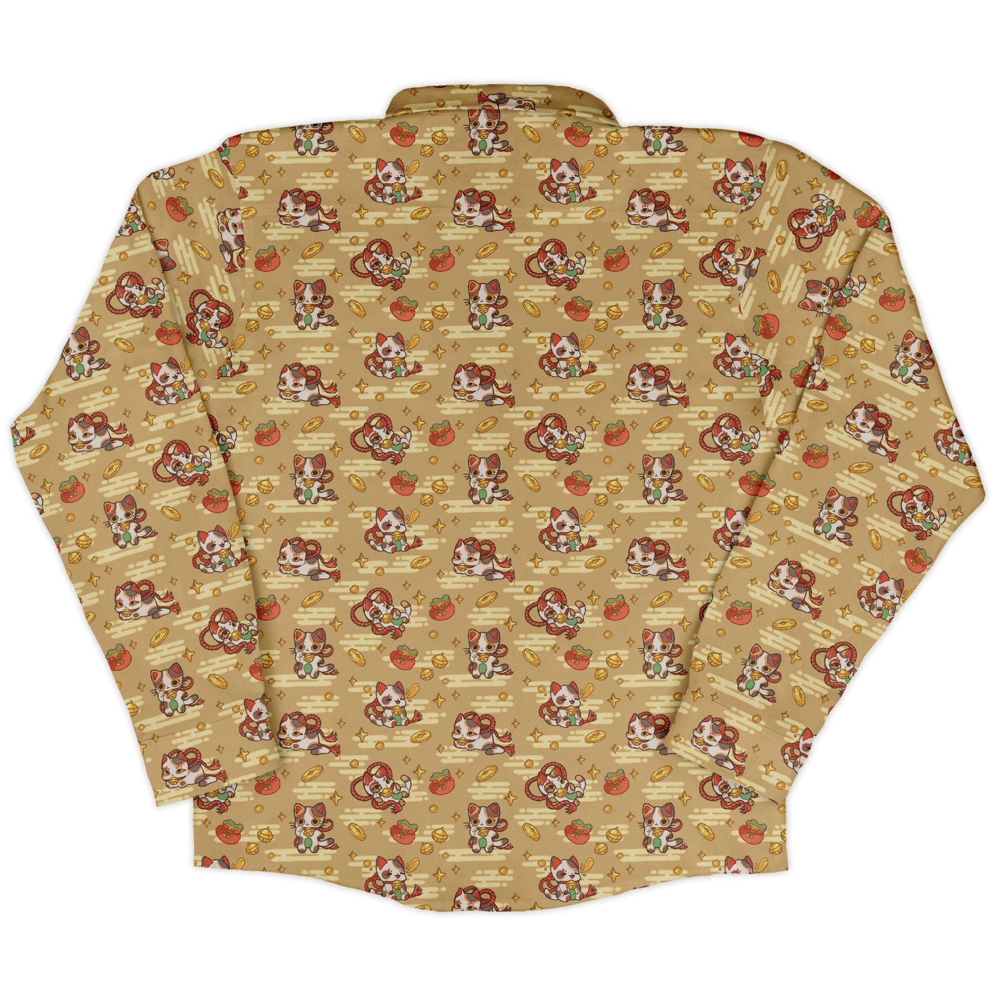 Maneki Cat Gold Long Sleeve Button Up Shirt Geek Nerd adult sizing animal patterns anime