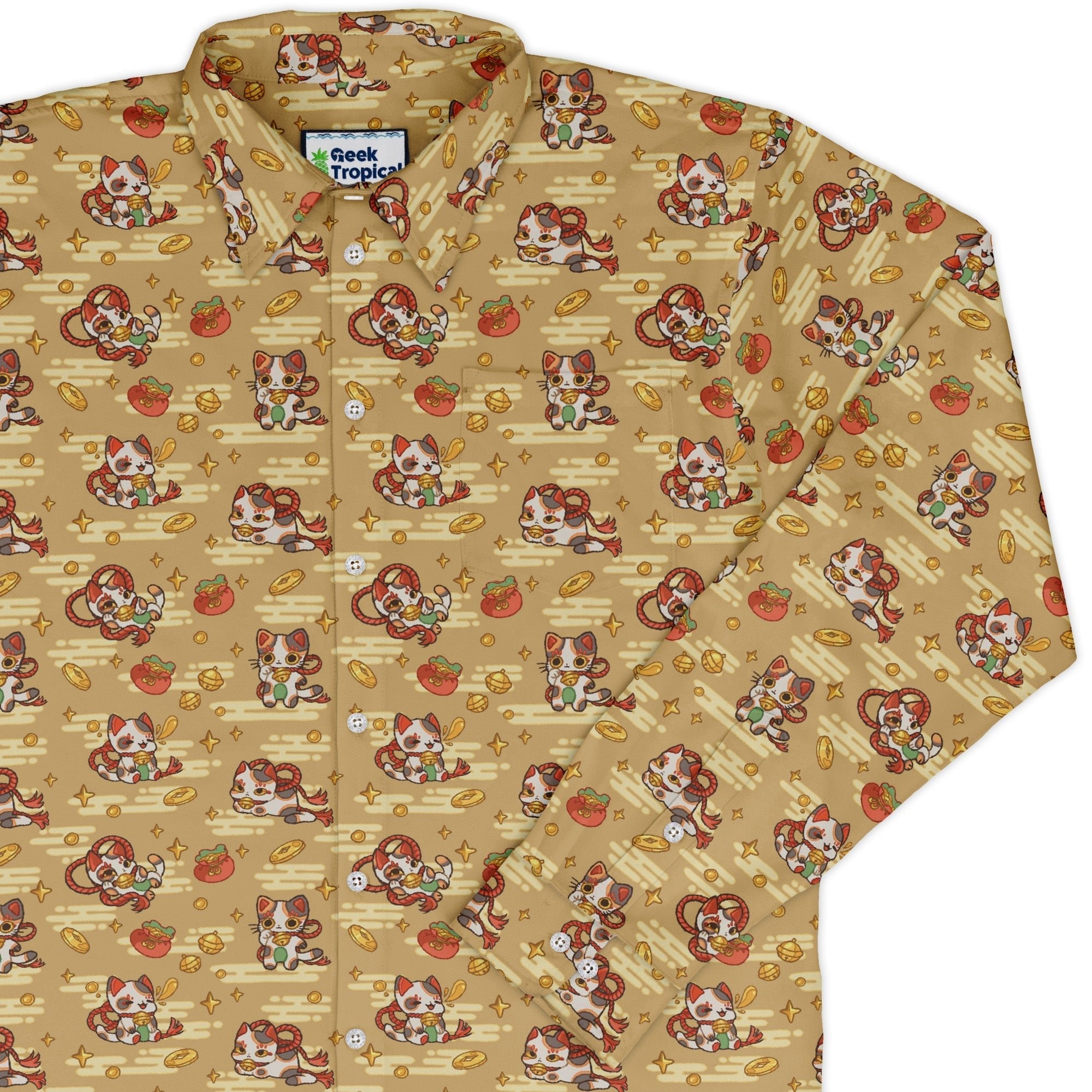 Maneki Cat Gold Long Sleeve Button Up Shirt Geek Nerd adult sizing animal patterns anime