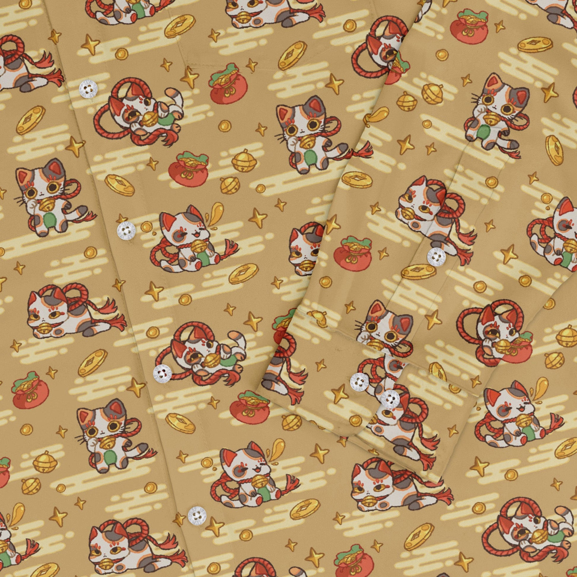 Maneki Cat Gold Long Sleeve Button Up Shirt Geek Nerd adult sizing animal patterns anime