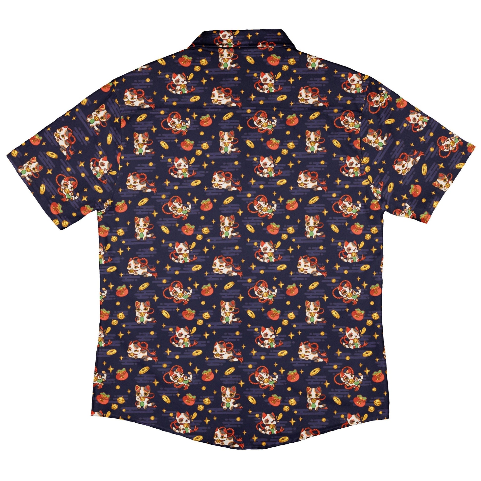 Maneki Cat Navy Button Up Shirt Geek Nerd adult sizing animal patterns anime