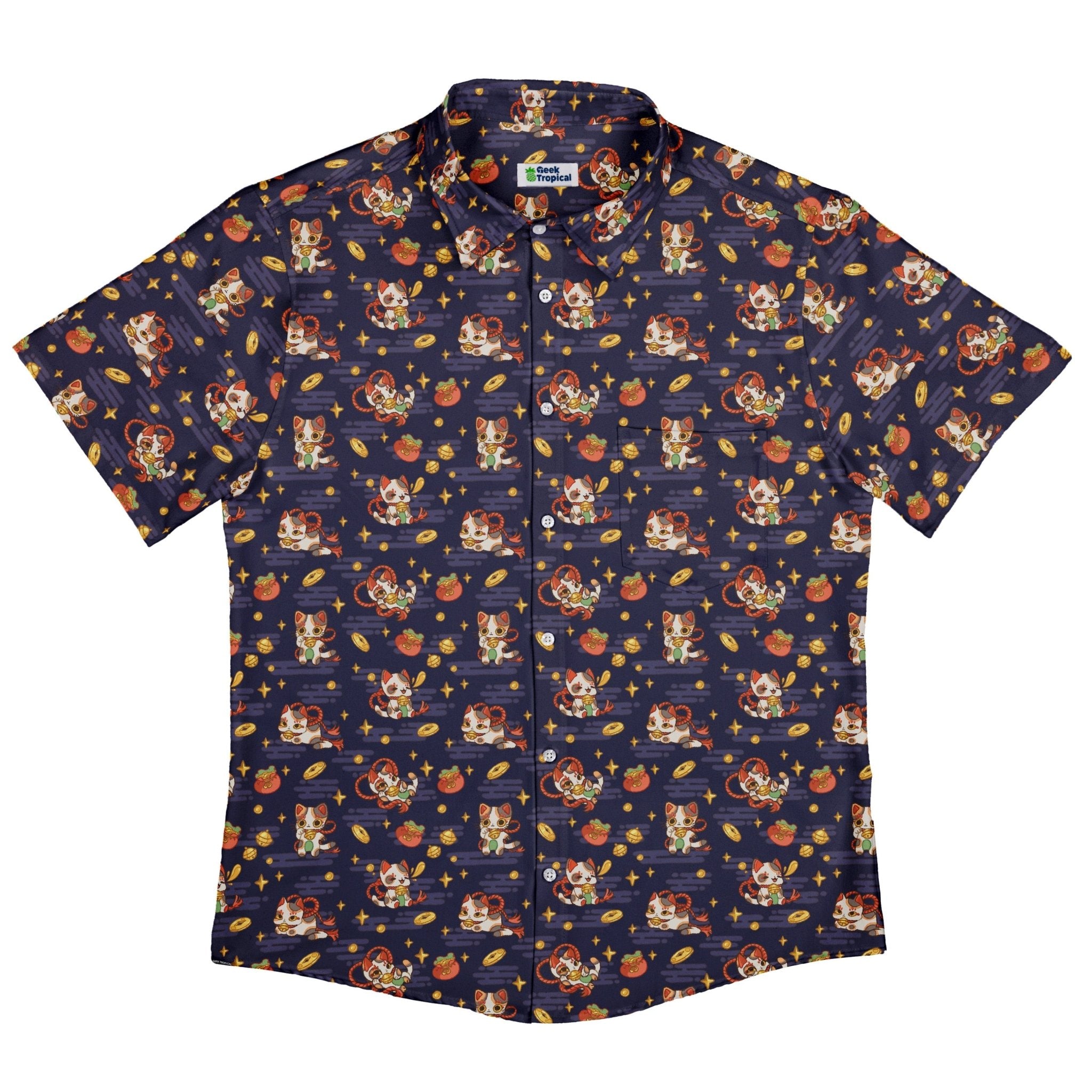 Maneki Cat Navy Button Up Shirt Geek Nerd adult sizing animal patterns anime
