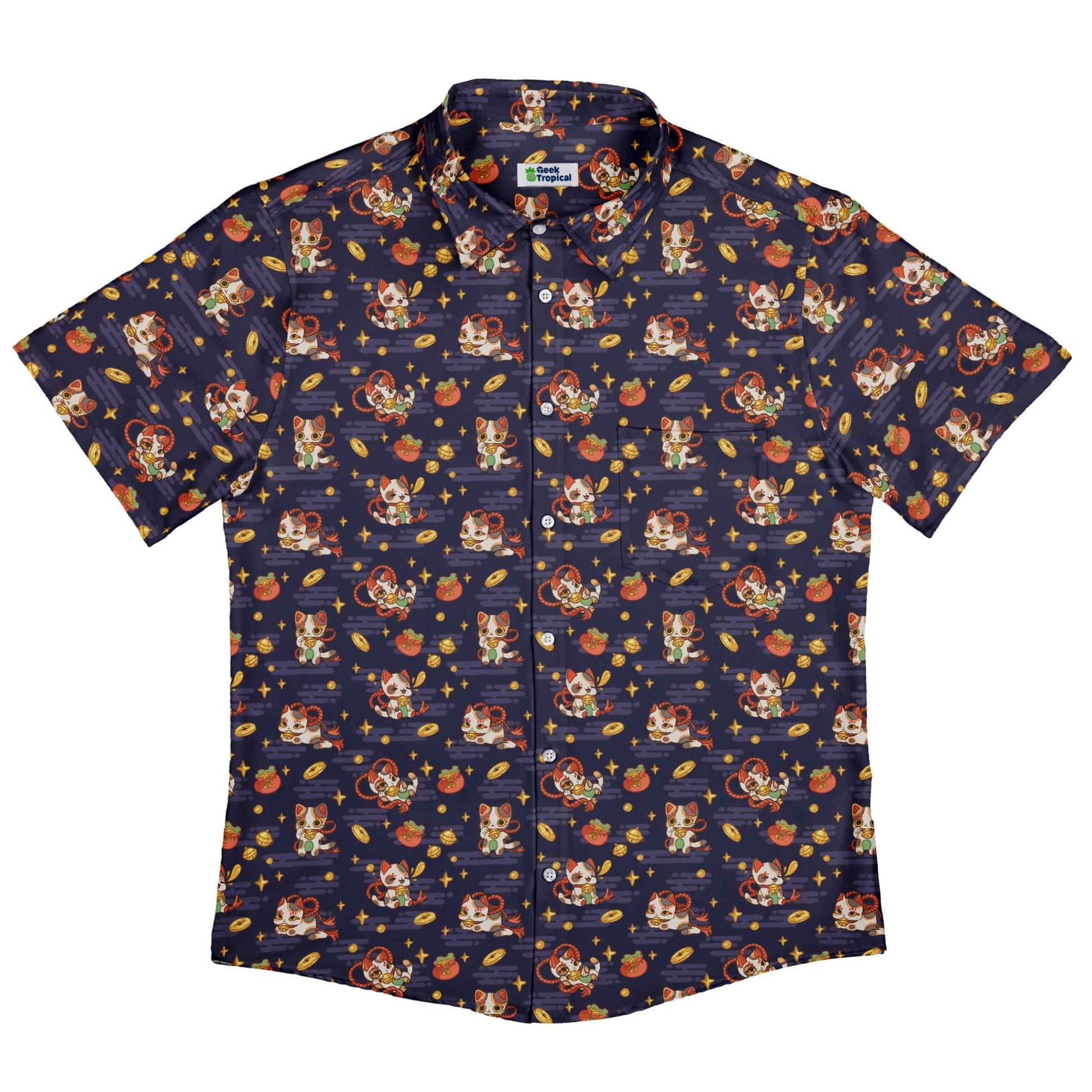 Maneki Cat Navy Button Up Shirt Geek Nerd adult sizing animal patterns anime