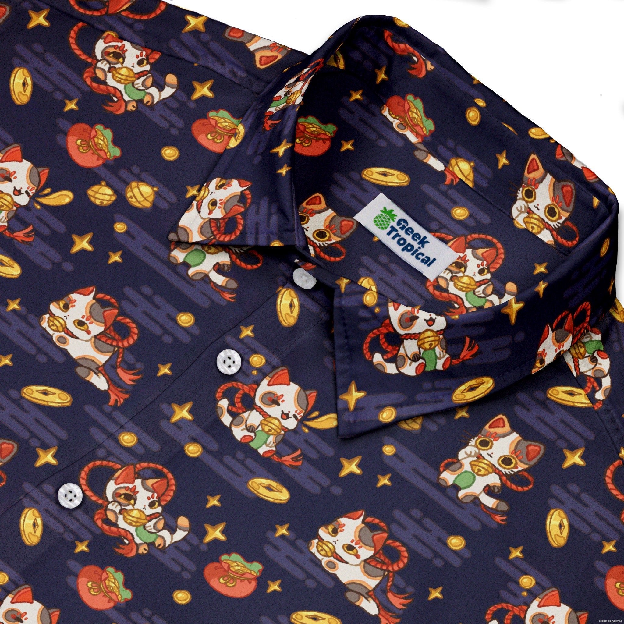 Maneki Cat Navy Button Up Shirt Geek Nerd adult sizing animal patterns anime