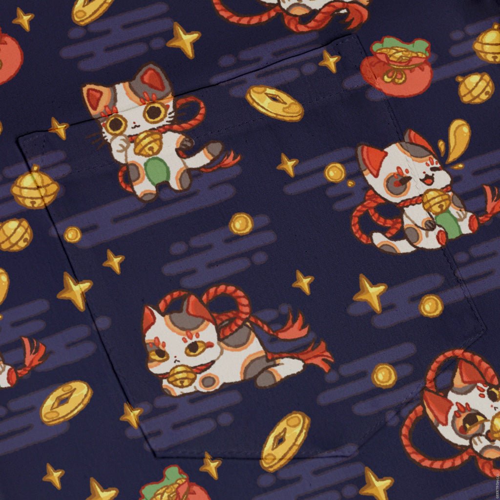 Maneki Cat Navy Button Up Shirt Geek Nerd adult sizing animal patterns anime