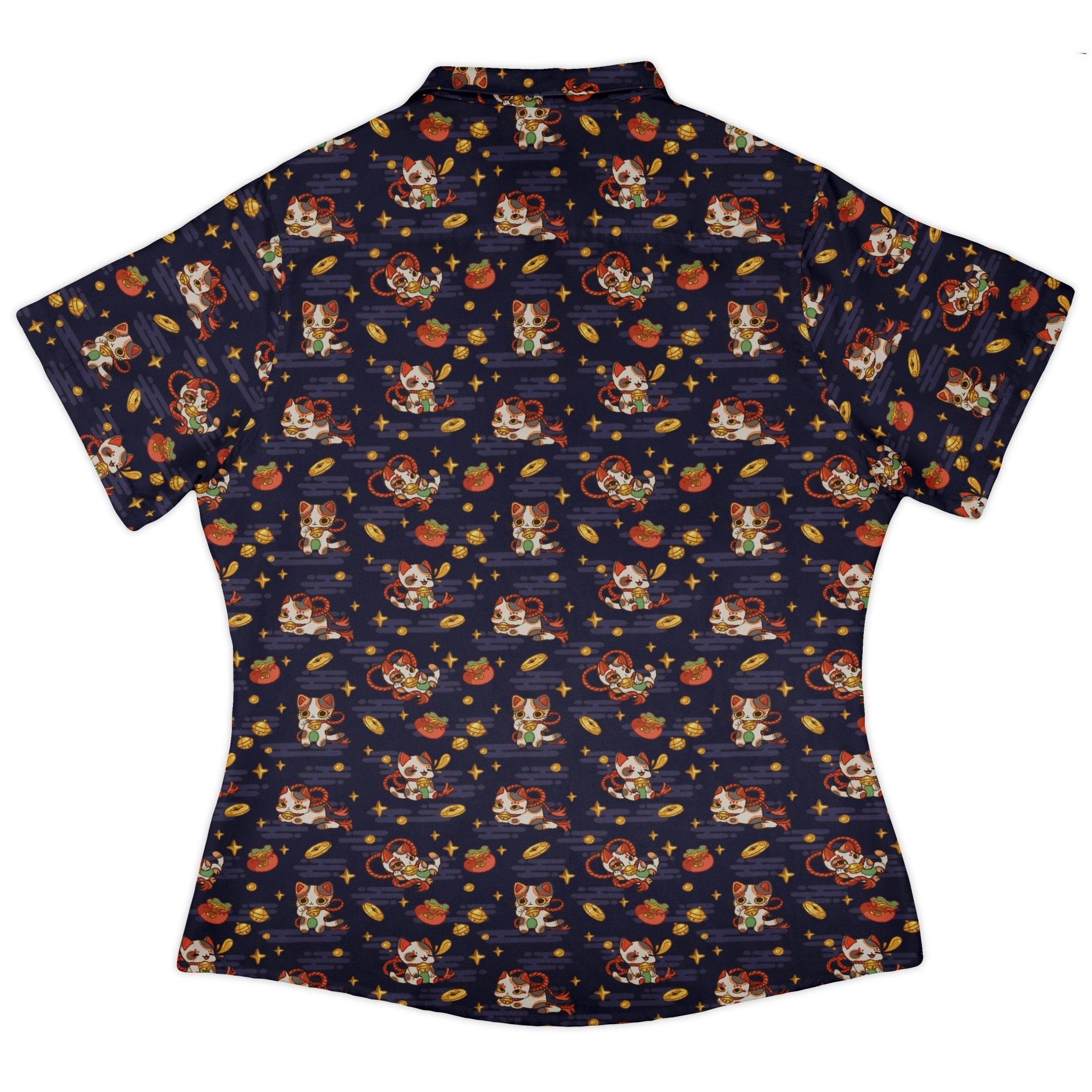 Maneki Cat Navy Curvy Button Up Shirt Geek Nerd animal patterns anime Design by Ardi Tong