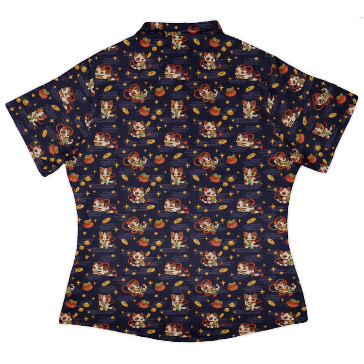 Maneki Cat Navy Curvy Button Up Shirt Geek Nerd animal patterns anime Design by Ardi Tong