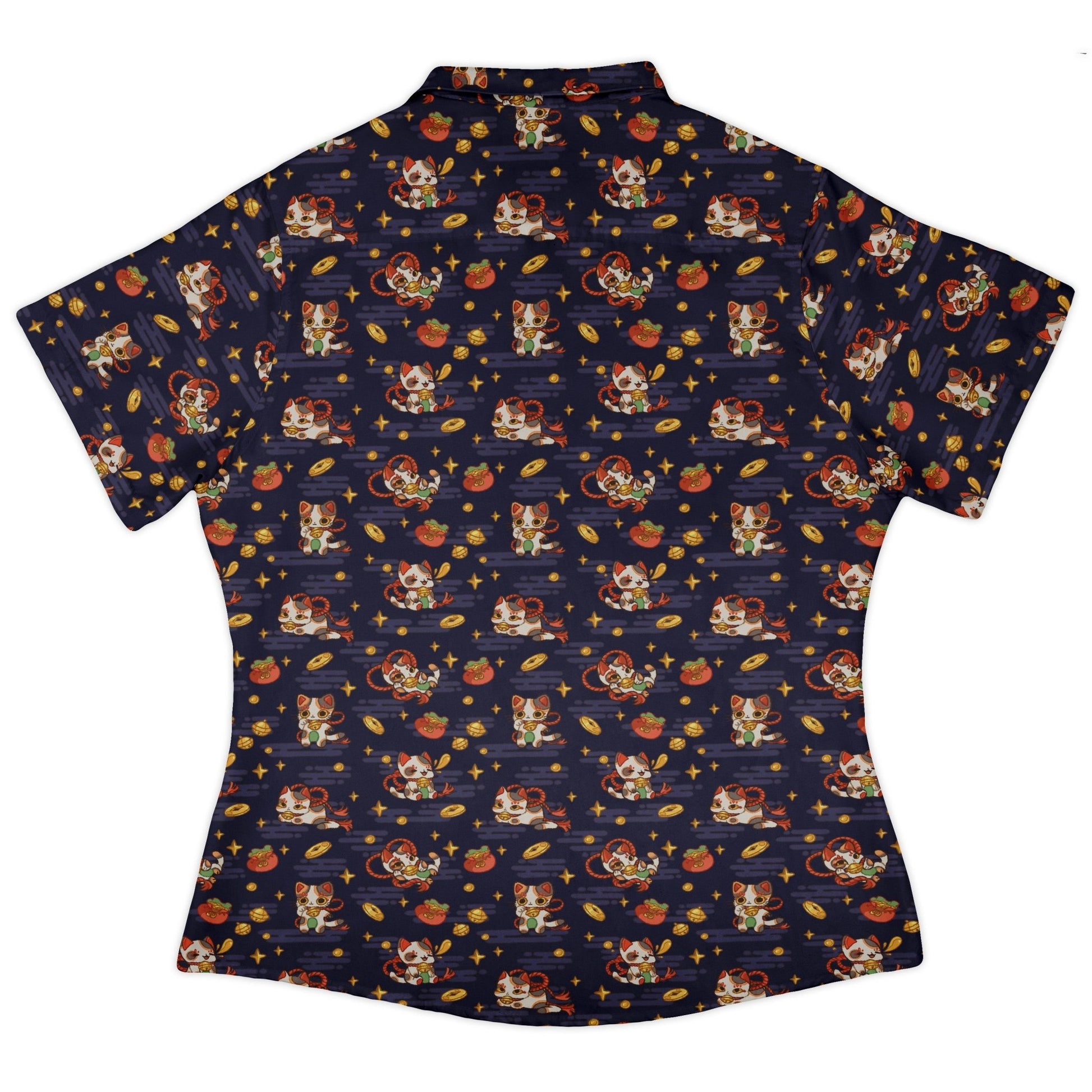 Maneki Cat Navy Curvy Button Up Shirt Geek Nerd animal patterns anime Design by Ardi Tong