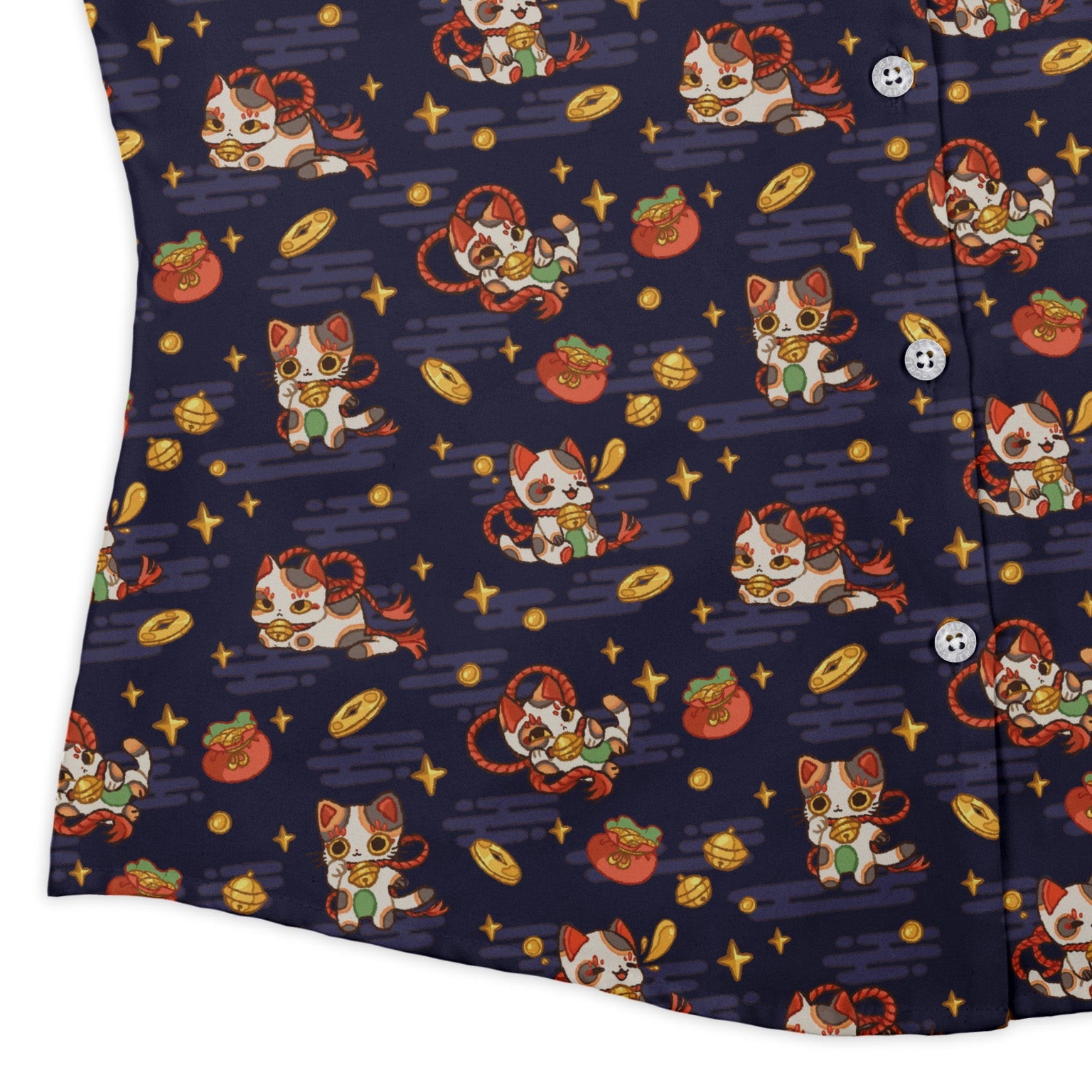 Maneki Cat Navy Curvy Button Up Shirt Geek Nerd animal patterns anime Design by Ardi Tong