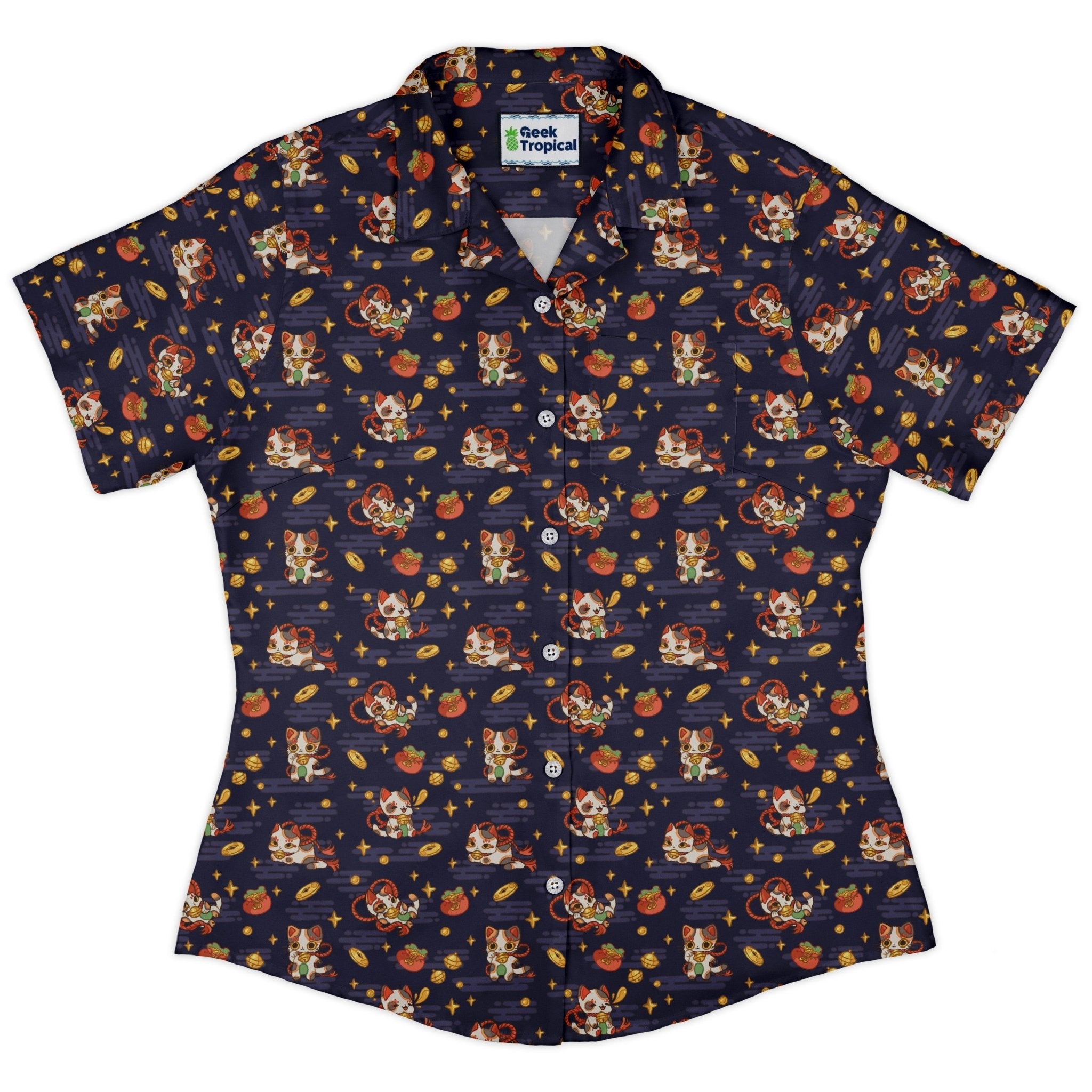 Maneki Cat Navy Curvy Button Up Shirt Geek Nerd animal patterns anime Design by Ardi Tong