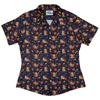 Maneki Cat Navy Curvy Button Up Shirt Geek Nerd animal patterns anime Design by Ardi Tong
