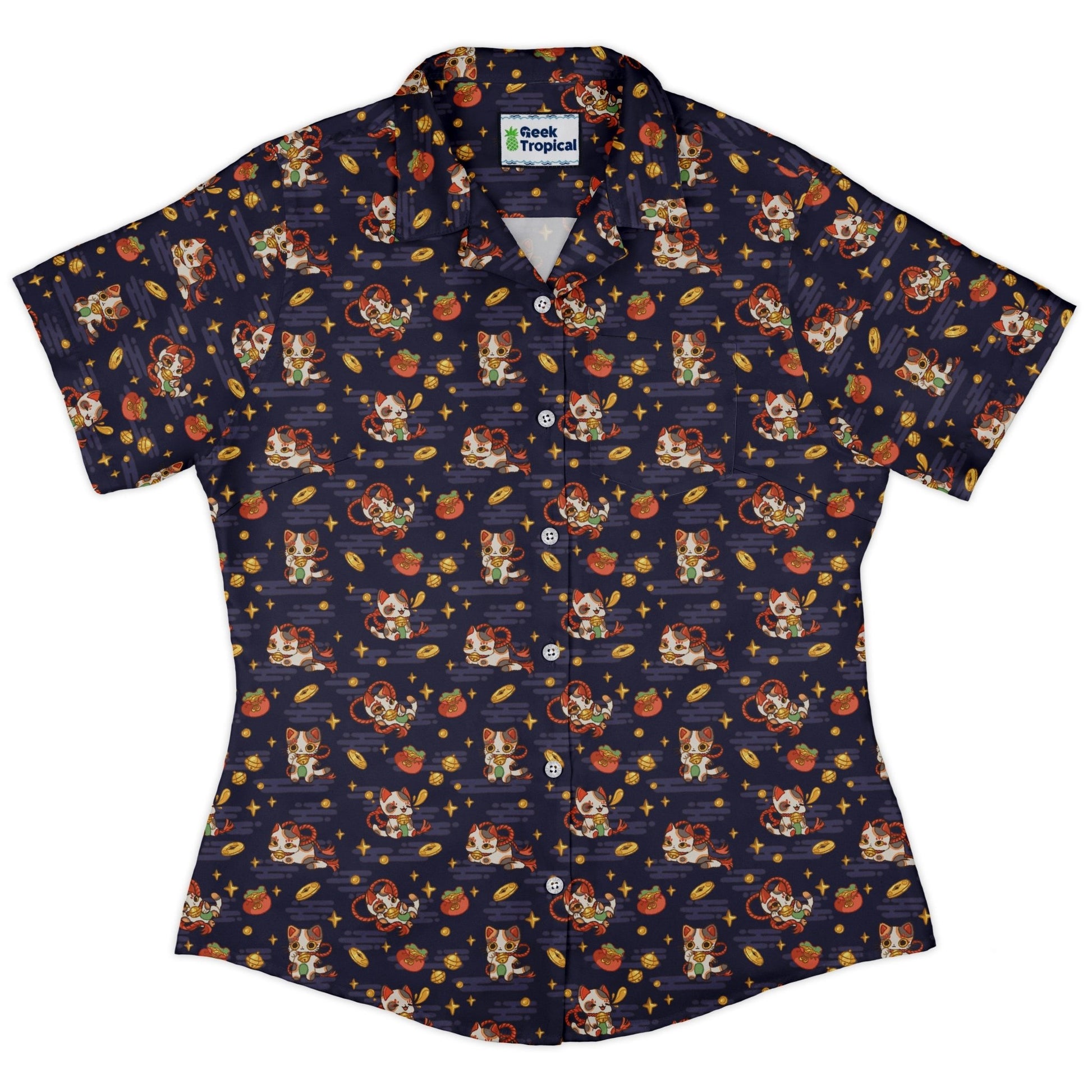 Maneki Cat Navy Curvy Button Up Shirt Geek Nerd animal patterns anime Design by Ardi Tong