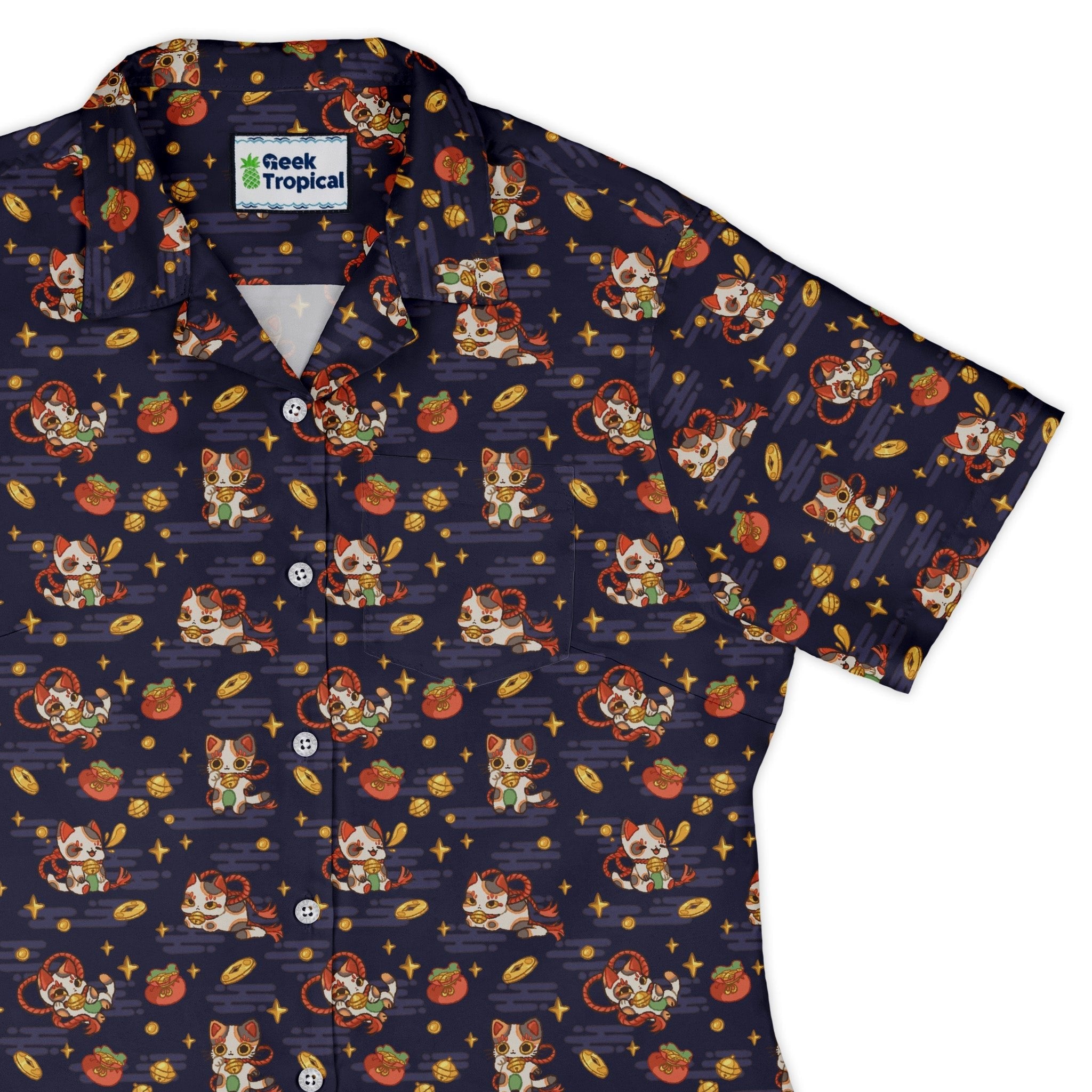 Maneki Cat Navy Curvy Button Up Shirt Geek Nerd animal patterns anime Design by Ardi Tong
