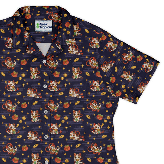Maneki Cat Navy Curvy Button Up Shirt Geek Nerd animal patterns anime Design by Ardi Tong