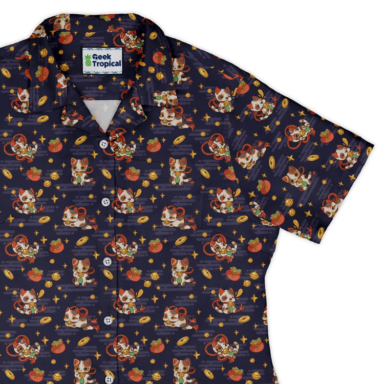 Maneki Cat Navy Curvy Button Up Shirt Geek Nerd animal patterns anime Design by Ardi Tong
