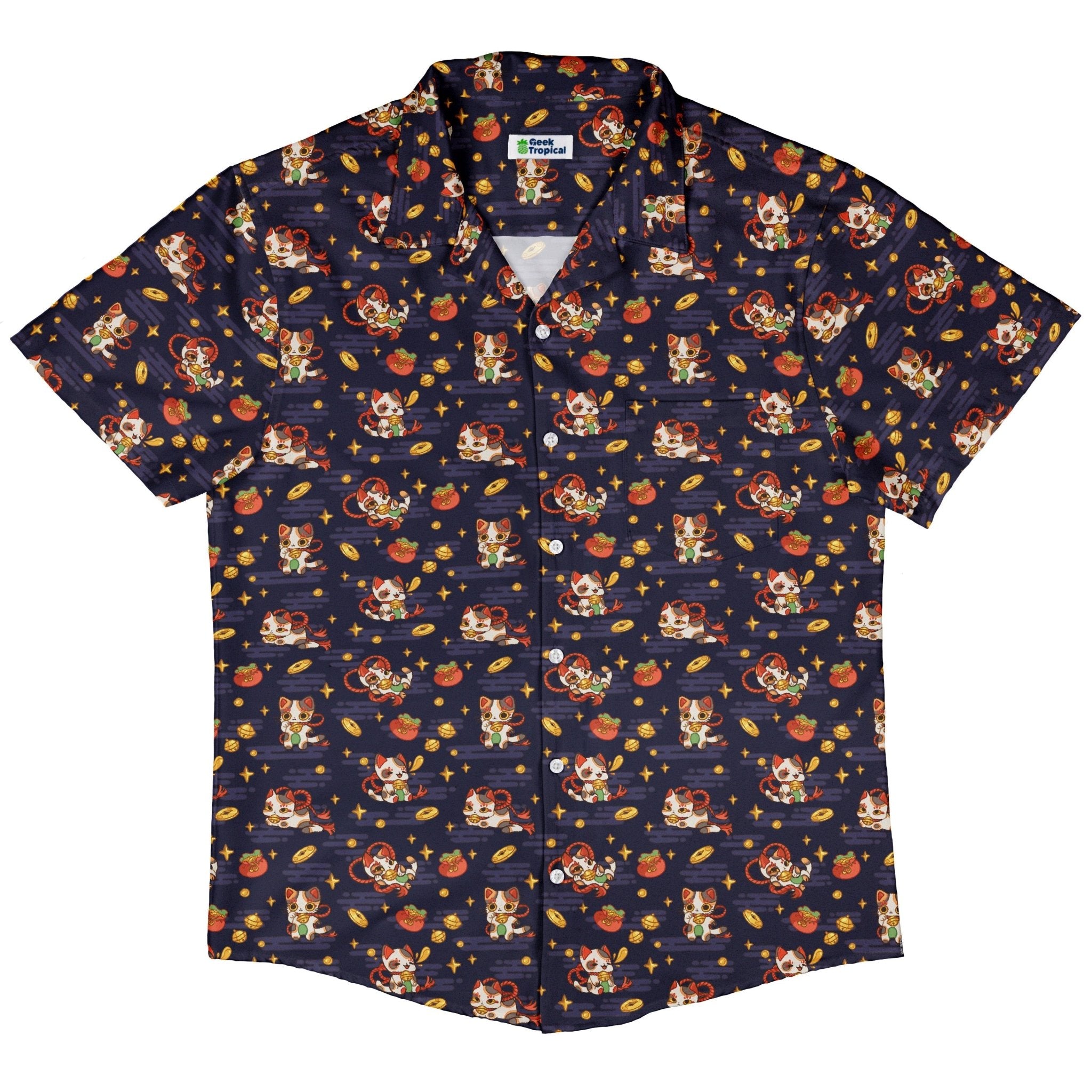 Maneki Cat Navy Button Up Shirt Geek Nerd adult sizing animal patterns anime