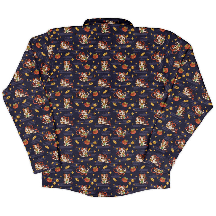 Maneki Cat Navy Long Sleeve Button Up Shirt Geek Nerd adult sizing animal patterns anime