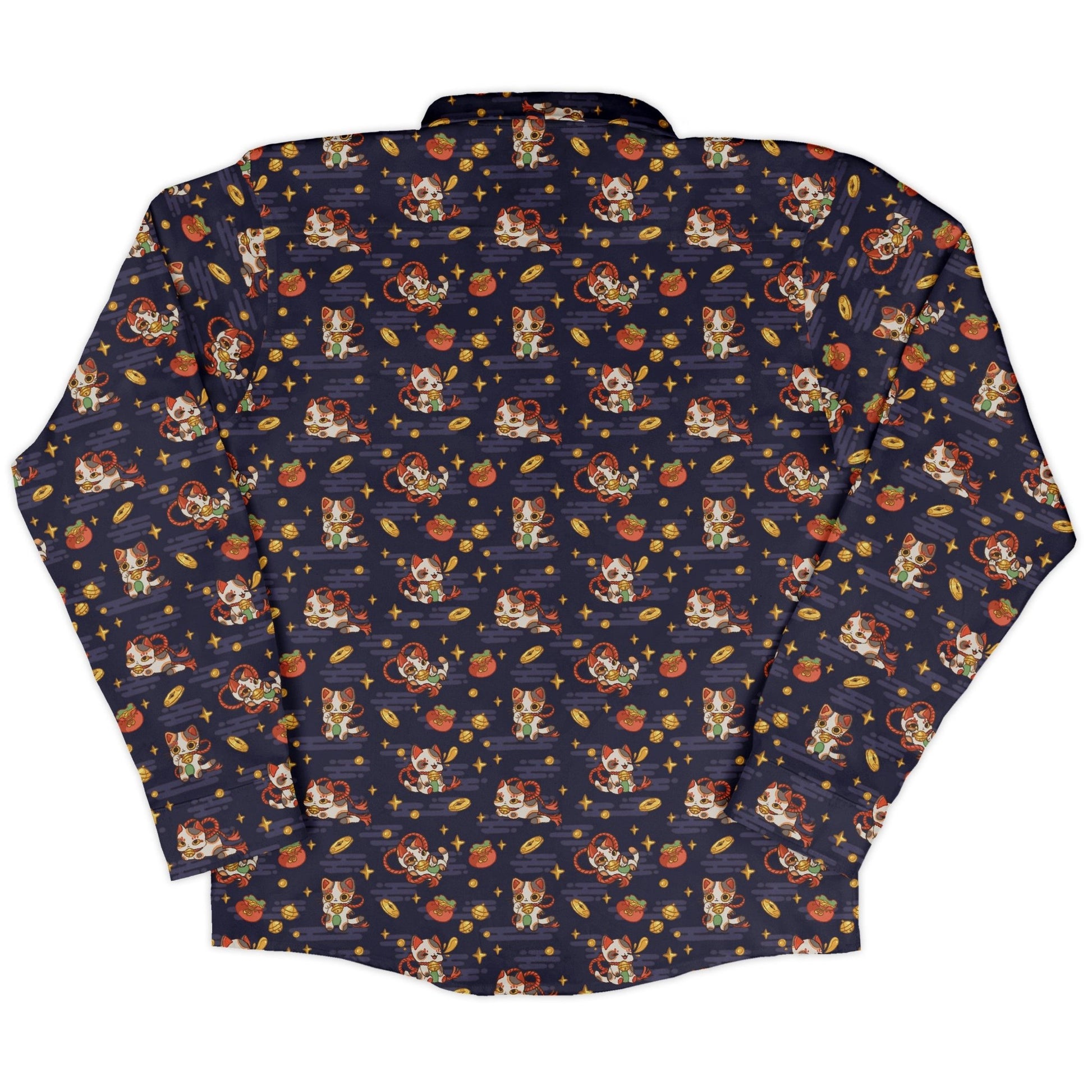 Maneki Cat Navy Long Sleeve Button Up Shirt Geek Nerd adult sizing animal patterns anime