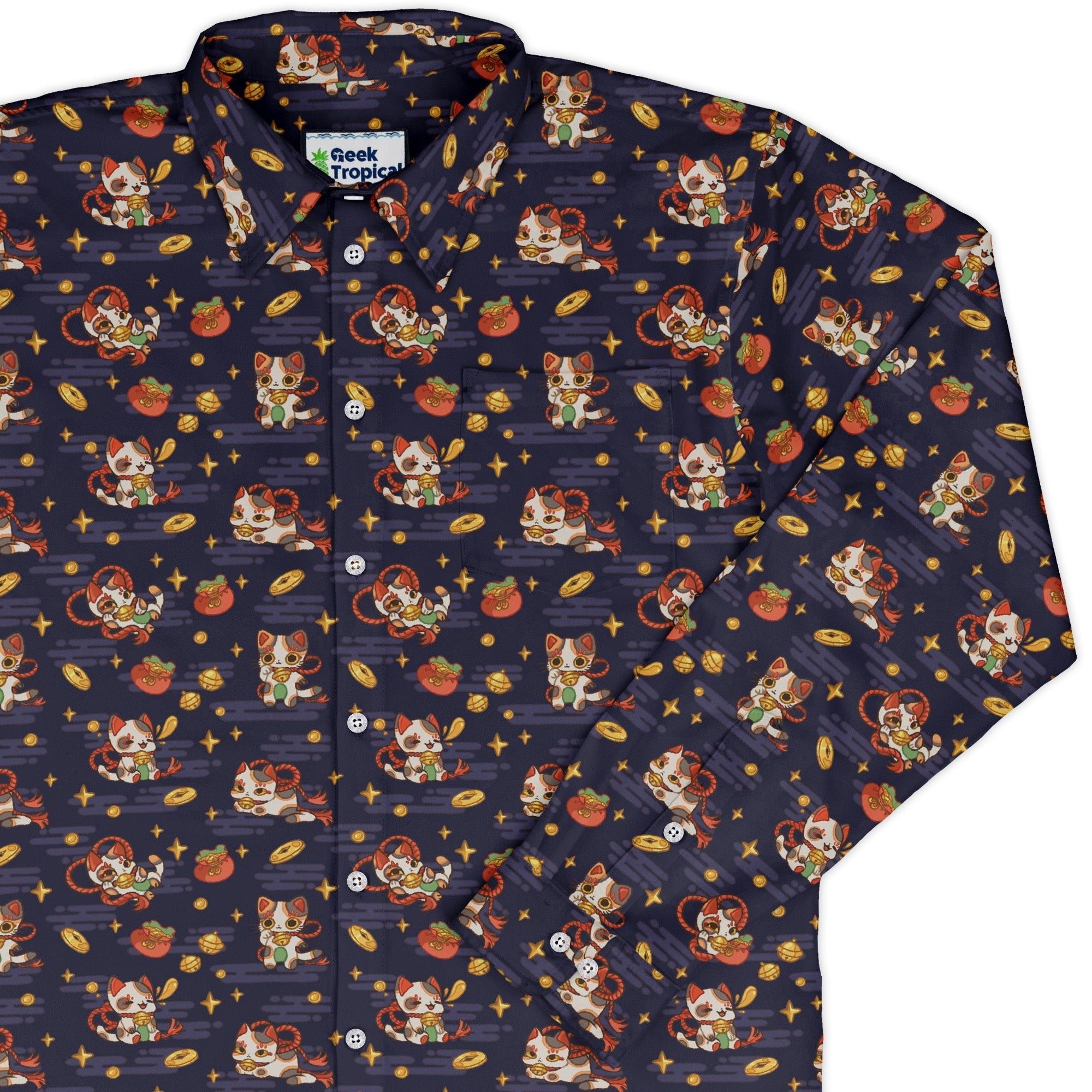 Maneki Cat Navy Long Sleeve Button Up Shirt Geek Nerd adult sizing animal patterns anime