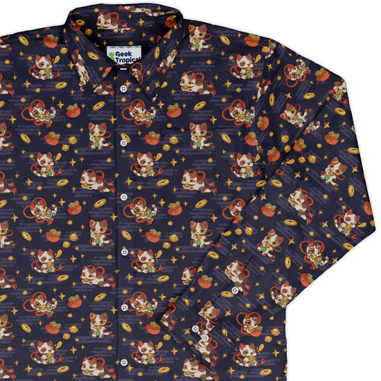 Maneki Cat Navy Long Sleeve Button Up Shirt Geek Nerd adult sizing animal patterns anime
