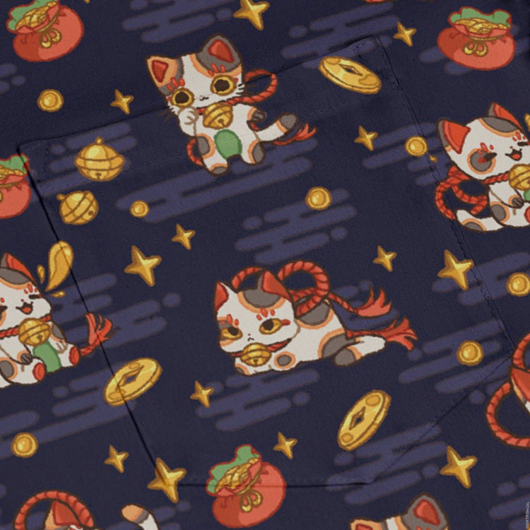 Maneki Cat Navy Long Sleeve Button Up Shirt Geek Nerd adult sizing animal patterns anime
