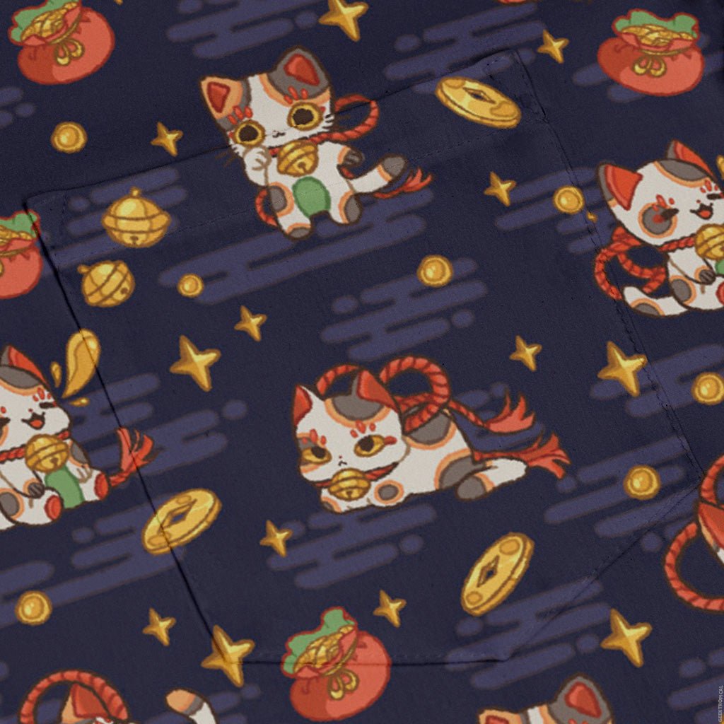 Maneki Cat Navy Long Sleeve Button Up Shirt Geek Nerd adult sizing animal patterns anime