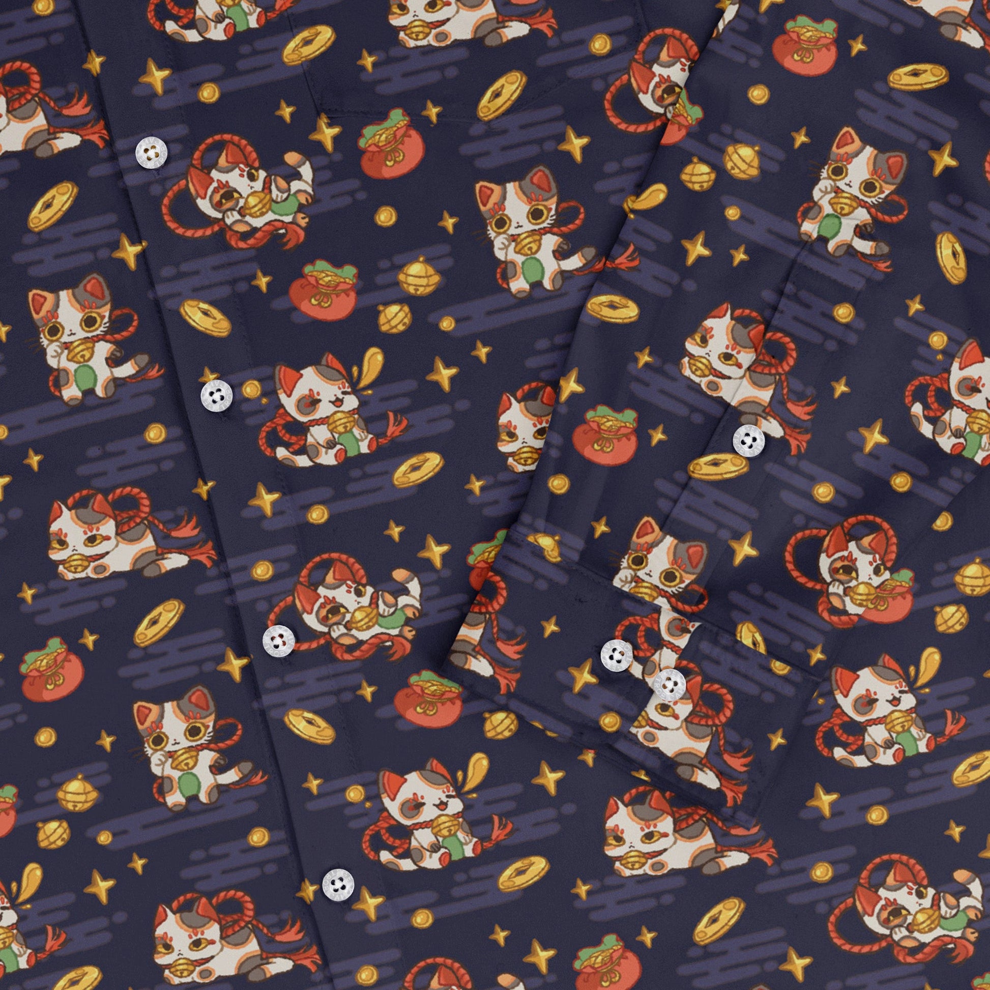 Maneki Cat Navy Long Sleeve Button Up Shirt Geek Nerd adult sizing animal patterns anime