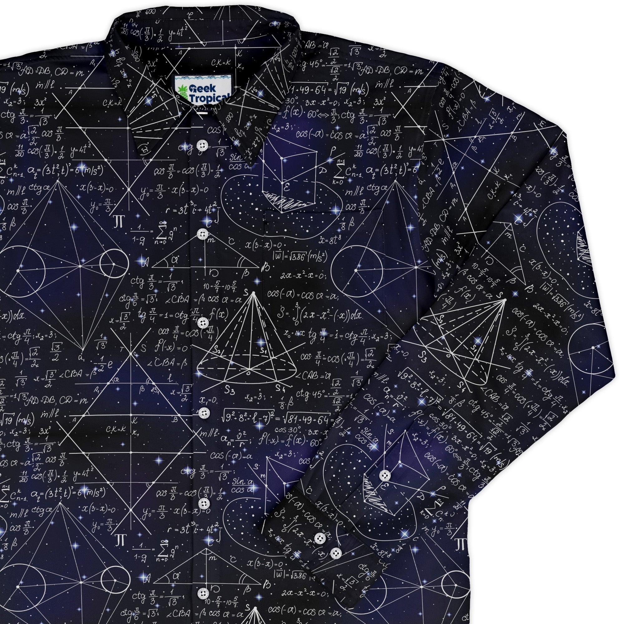 Math And Physics Space Long Sleeve Button Up Shirt Geek Nerd adult sizing FLOW DESC WRITING mathematics print