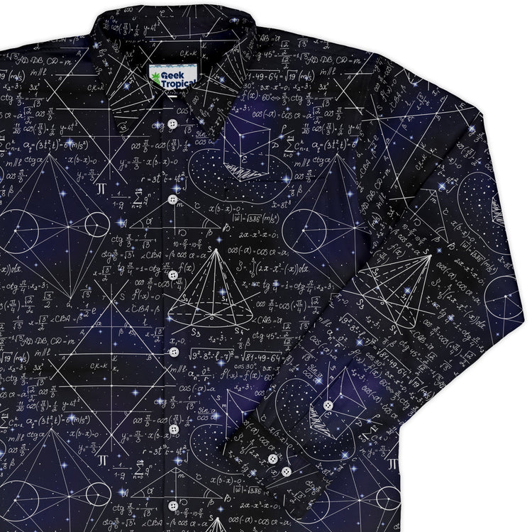 Math And Physics Space Long Sleeve Button Up Shirt Geek Nerd adult sizing FLOW DESC WRITING mathematics print