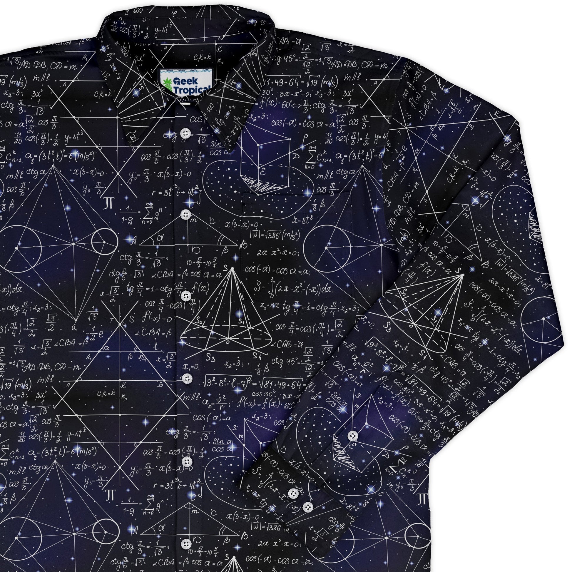 Math And Physics Space Long Sleeve Button Up Shirt Geek Nerd adult sizing FLOW DESC WRITING mathematics print