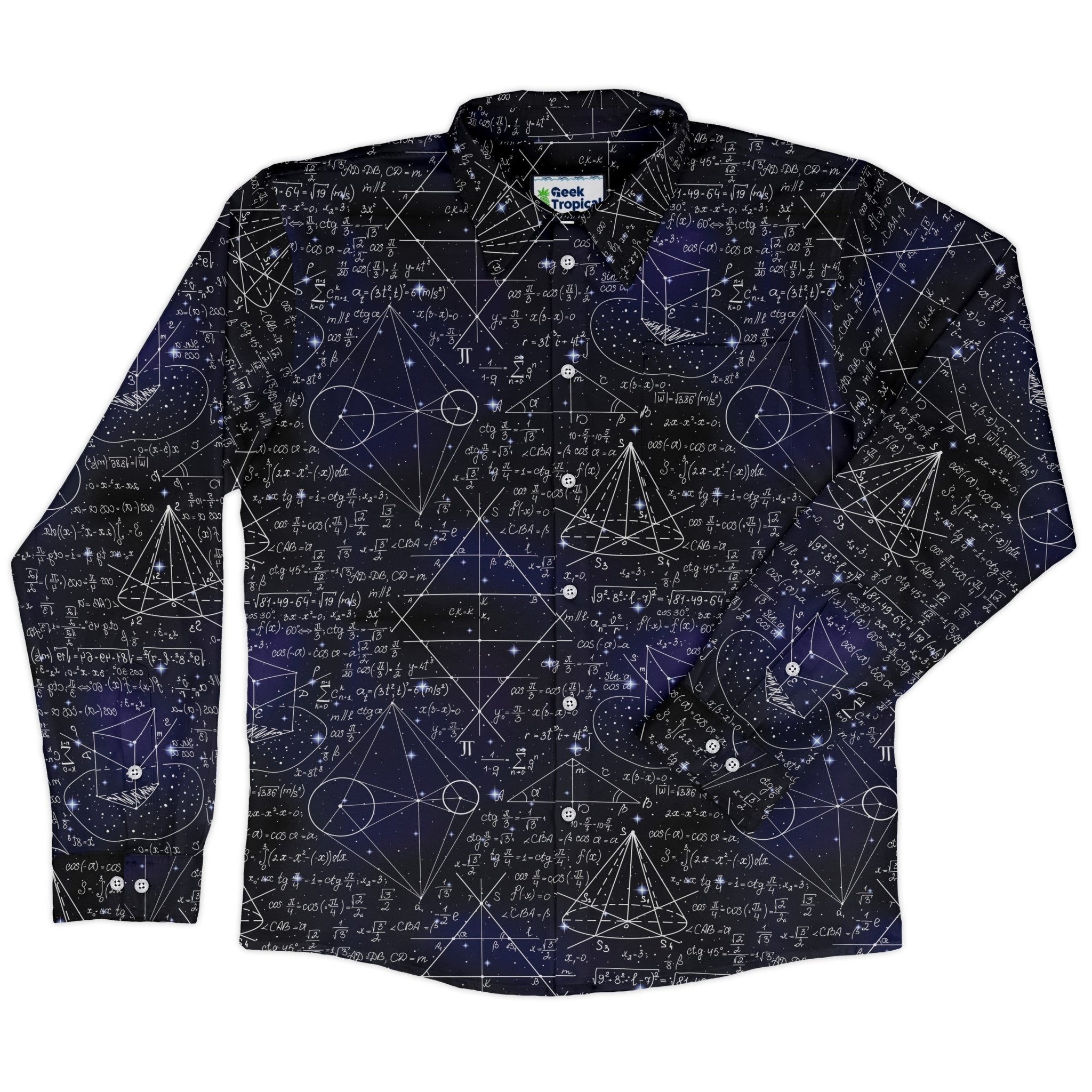 Math And Physics Space Long Sleeve Button Up Shirt Geek Nerd adult sizing FLOW DESC WRITING mathematics print