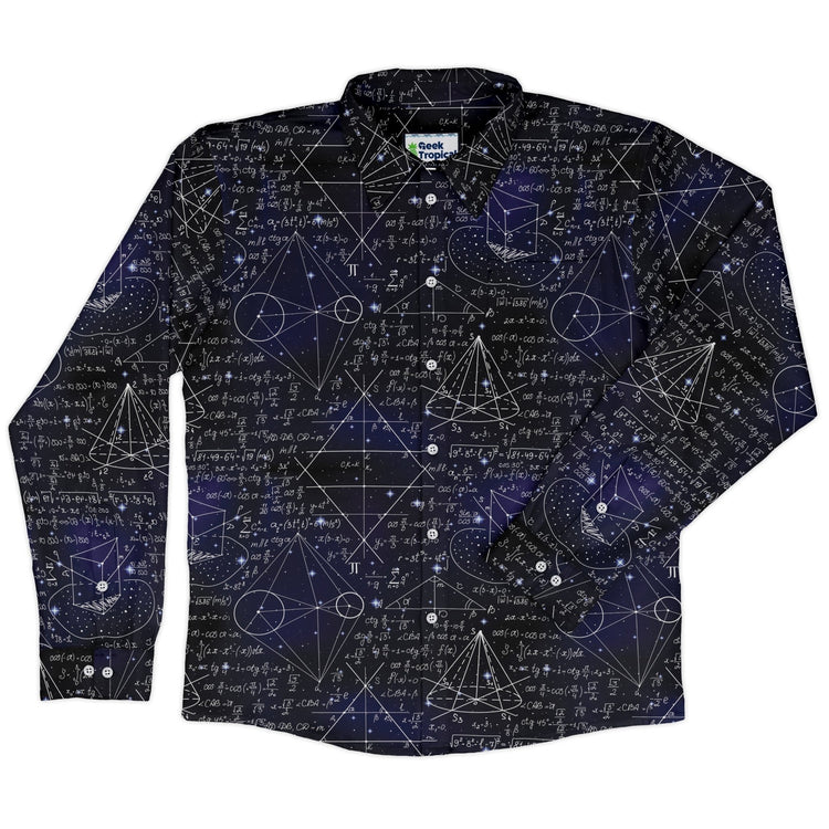 Math And Physics Space Long Sleeve Button Up Shirt Geek Nerd adult sizing FLOW DESC WRITING mathematics print