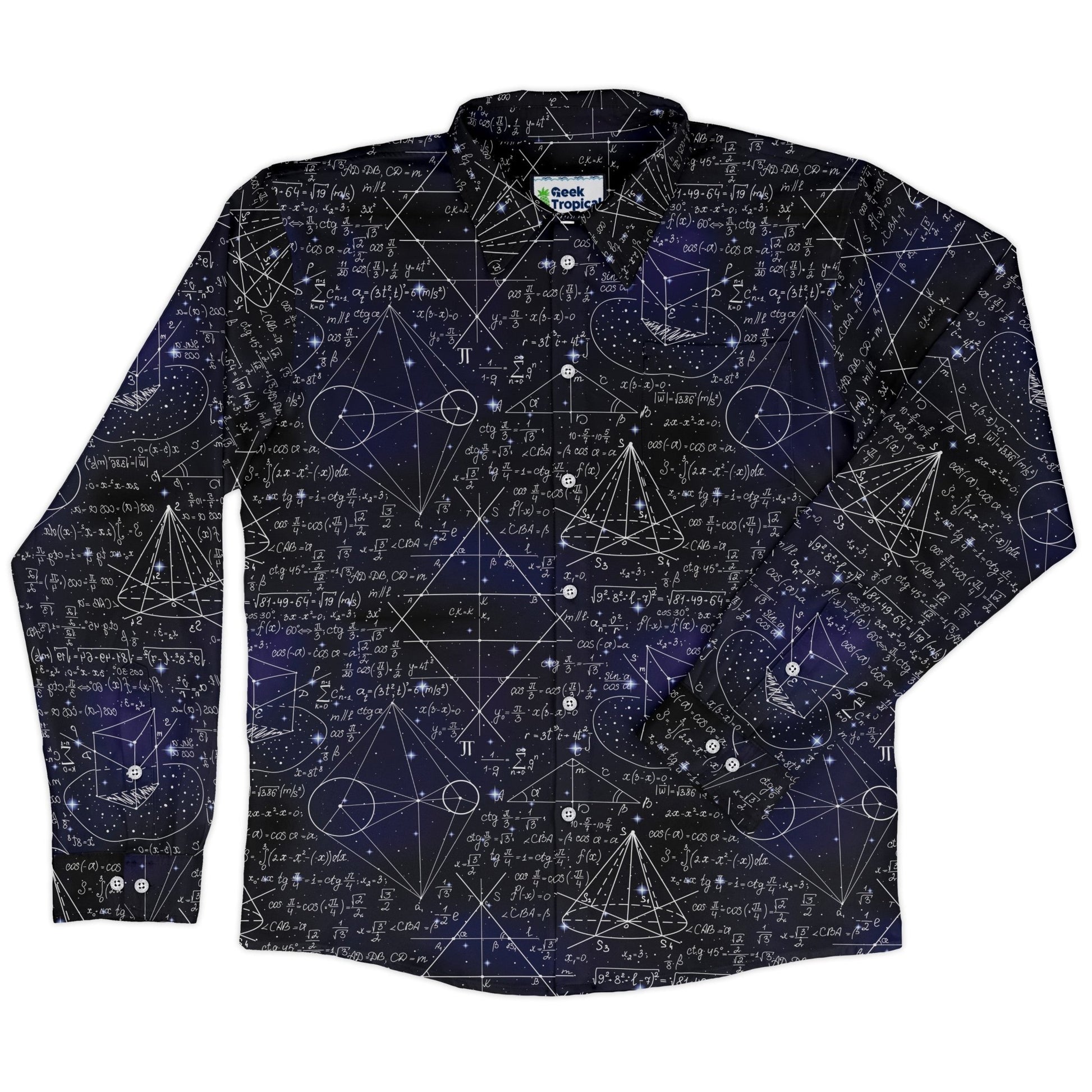 Math And Physics Space Long Sleeve Button Up Shirt Geek Nerd adult sizing FLOW DESC WRITING mathematics print