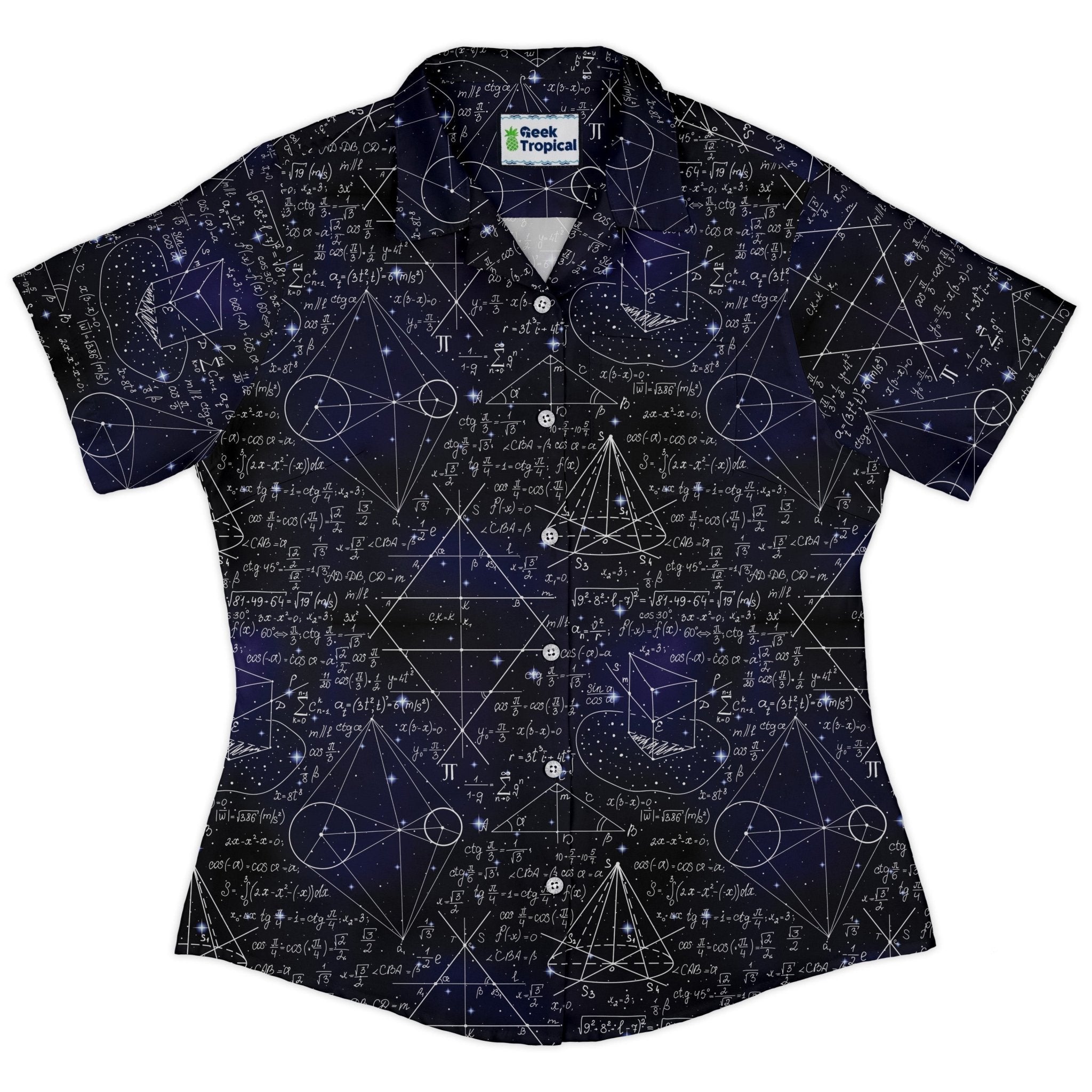 Math And Physics Space Curvy Button Up Shirt Geek Nerd mathematics print Maximalist Patterns outer space & astronaut print