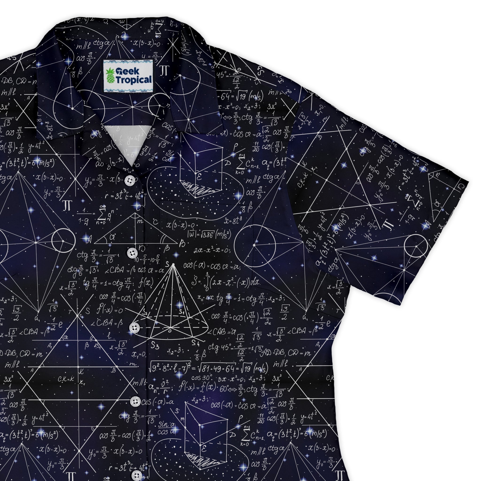 Math And Physics Space Curvy Button Up Shirt Geek Nerd mathematics print Maximalist Patterns outer space & astronaut print