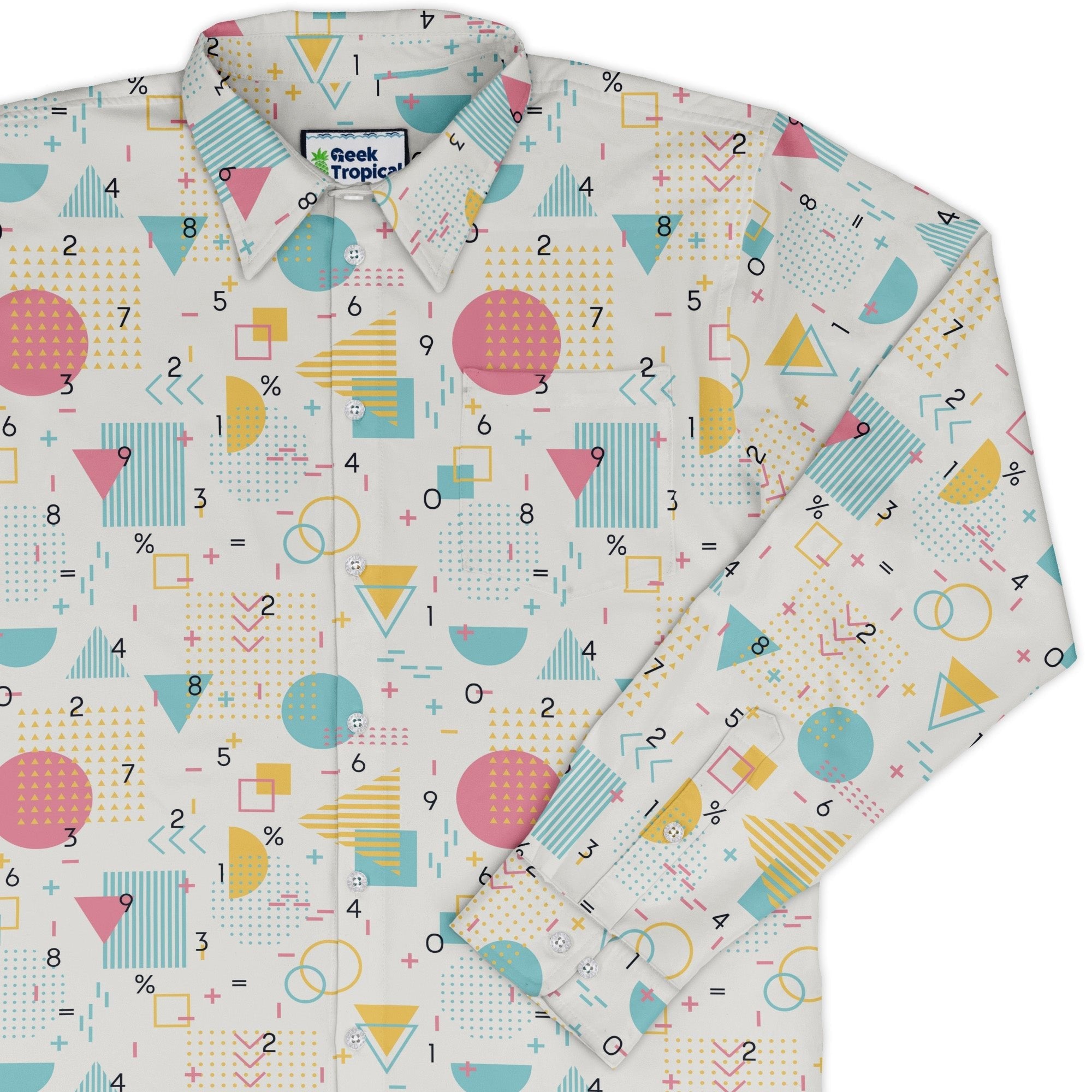 Math Memphis Style White Long Sleeve Button Up Shirt Geek Nerd adult sizing FLOW DESC WRITING mathematics print
