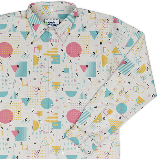 Math Memphis Style White Long Sleeve Button Up Shirt Geek Nerd adult sizing FLOW DESC WRITING mathematics print