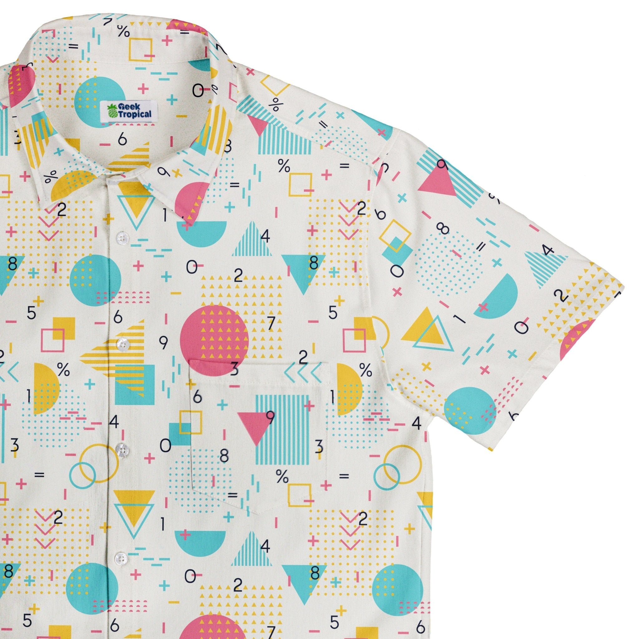 Math Memphis Style White Button Up Shirt - adult sizing - mathematics print - Maximalist Patterns